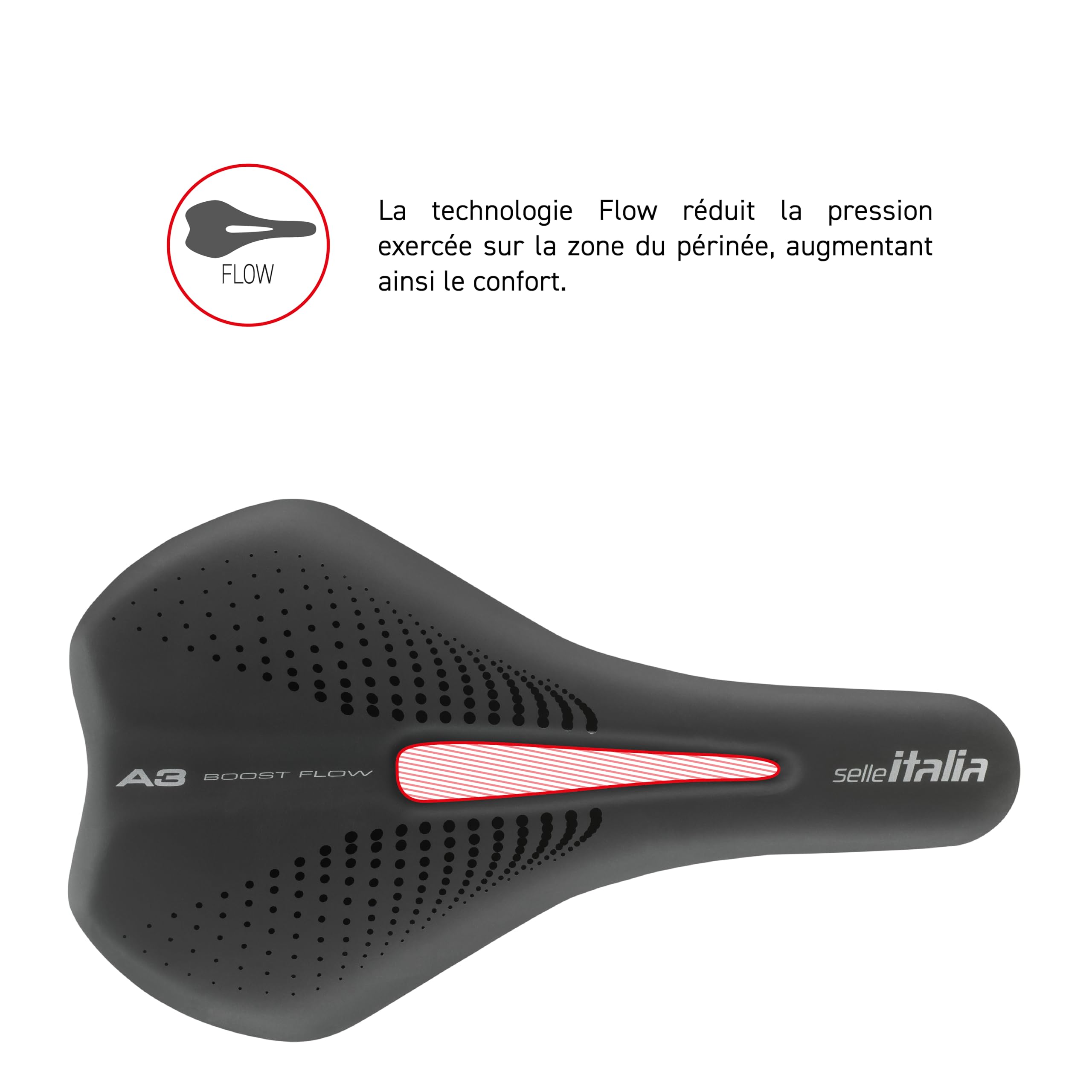 Selle Italia A3 - Selle de vélo de Route Confortable, Rembourrage en Gel, Trou Anatomique Flow, imperméable et Ergonomique