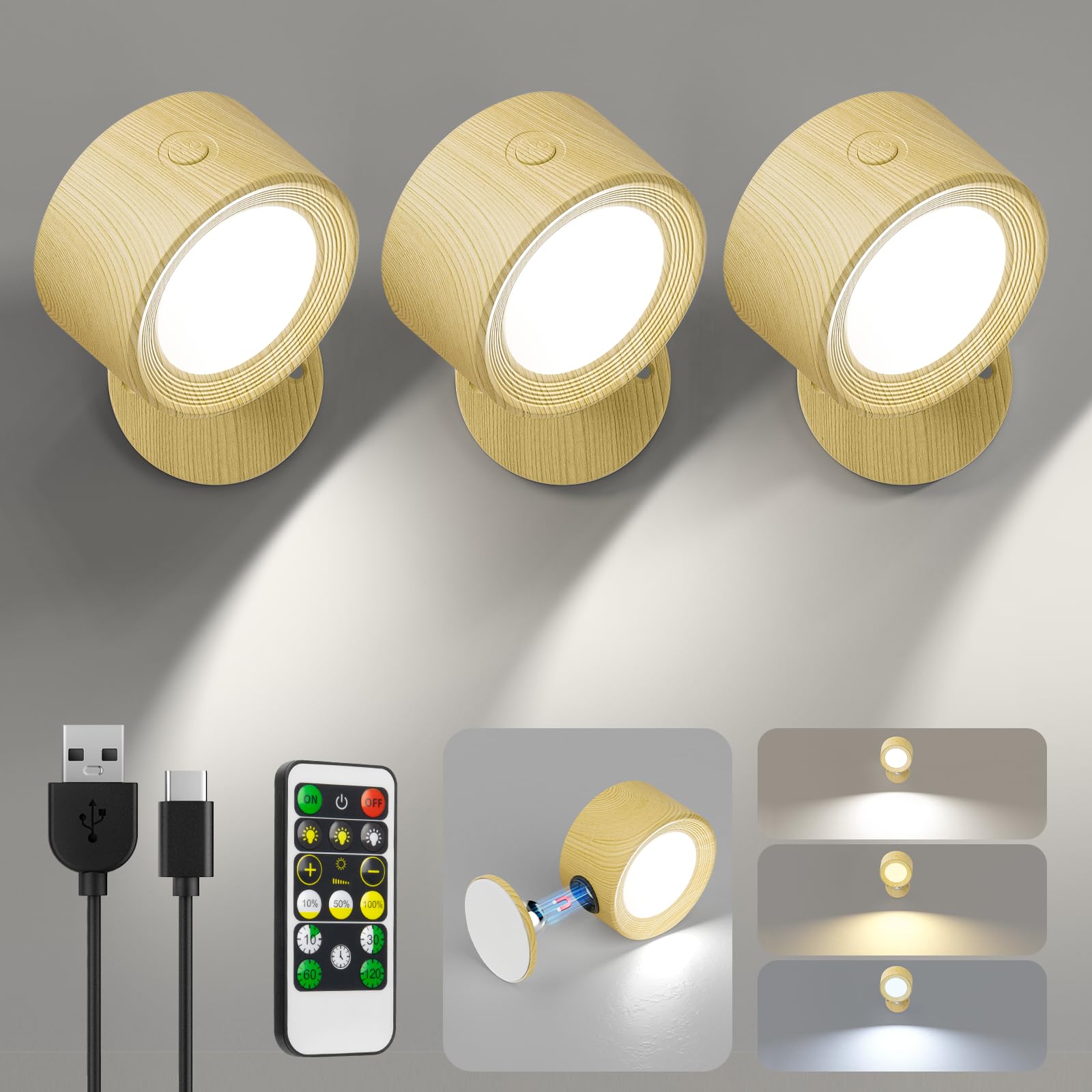 Racokky LED Wall Mounted Reading Light, Rechargeable Wall Sconces & Remote