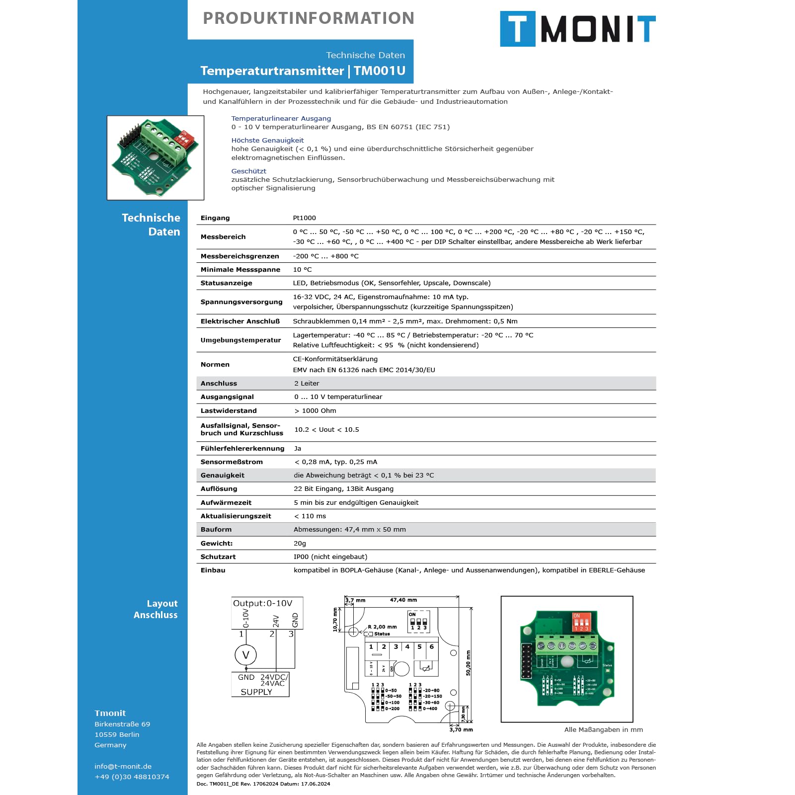 PT1000 Temperaturfühler, 0-10V oder 4-20 mA Messumformer, -50 bis 200 °C, IP65 strahlwassergeschützt, Strom- oder Spannungsausgang, Silikon-Leitung - für HLK & Industrie