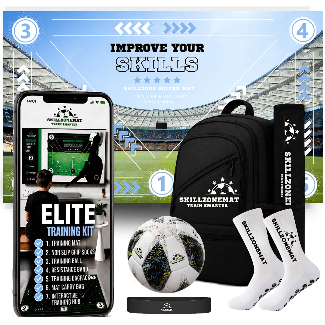 SkillZone Soccer Training Mat with Soccer Ball – Dribbling &amp; Footwork Trainer | Indoor/Outdoor Soccer Training Kit with Interactive Video Hub, Grip Socks &amp; Carry Bag | Control &amp; Agility Practice