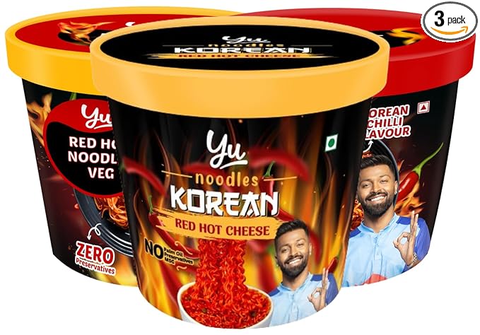Yu - Red Hot Korean Noodles Combo Pack of 3 - Korean Cheese + Korean Veg + Korean Chicken - No Preservatives - 100% Natural Cup Noodles - Ready to Eat Instant Noodles - 245g