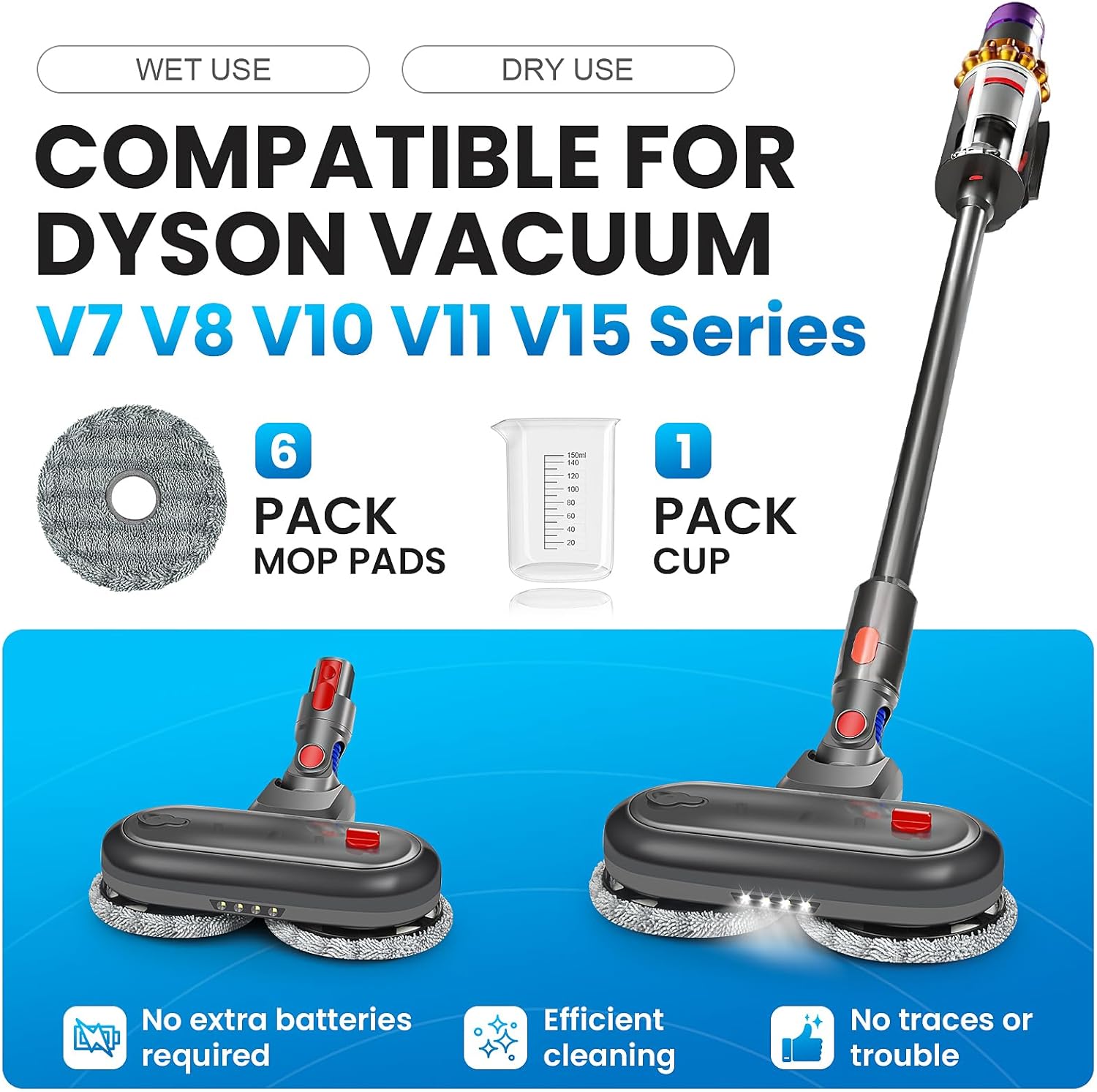 Mop Head Attachments for Dyson V7 V8 V10 V11 V15 Series Vacuum Cleaner, Electric Wet & Dry Mop Head Replacement for Hard Floor + 6 Pack Mop Pads + 1 Measuring Cup