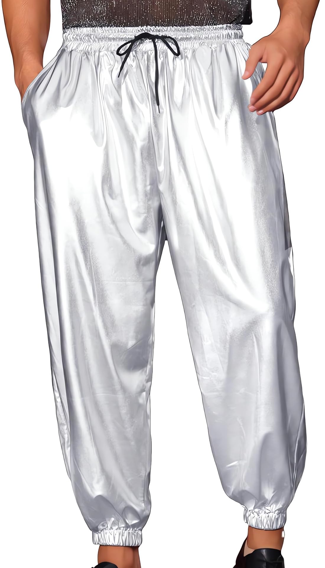 Men's Shiny Trousers Metallic Drawstring Waist with Pockets Full Length