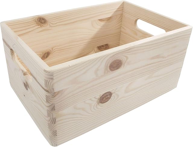 Wooden Open Storage Box with Handles | 30 x 20 x 13 cm | Unpainted & Untreated Decorative Pine for Craft Decoupage | Non-lidded Trunk Crate Keepsake Tool Toy Container Organiser