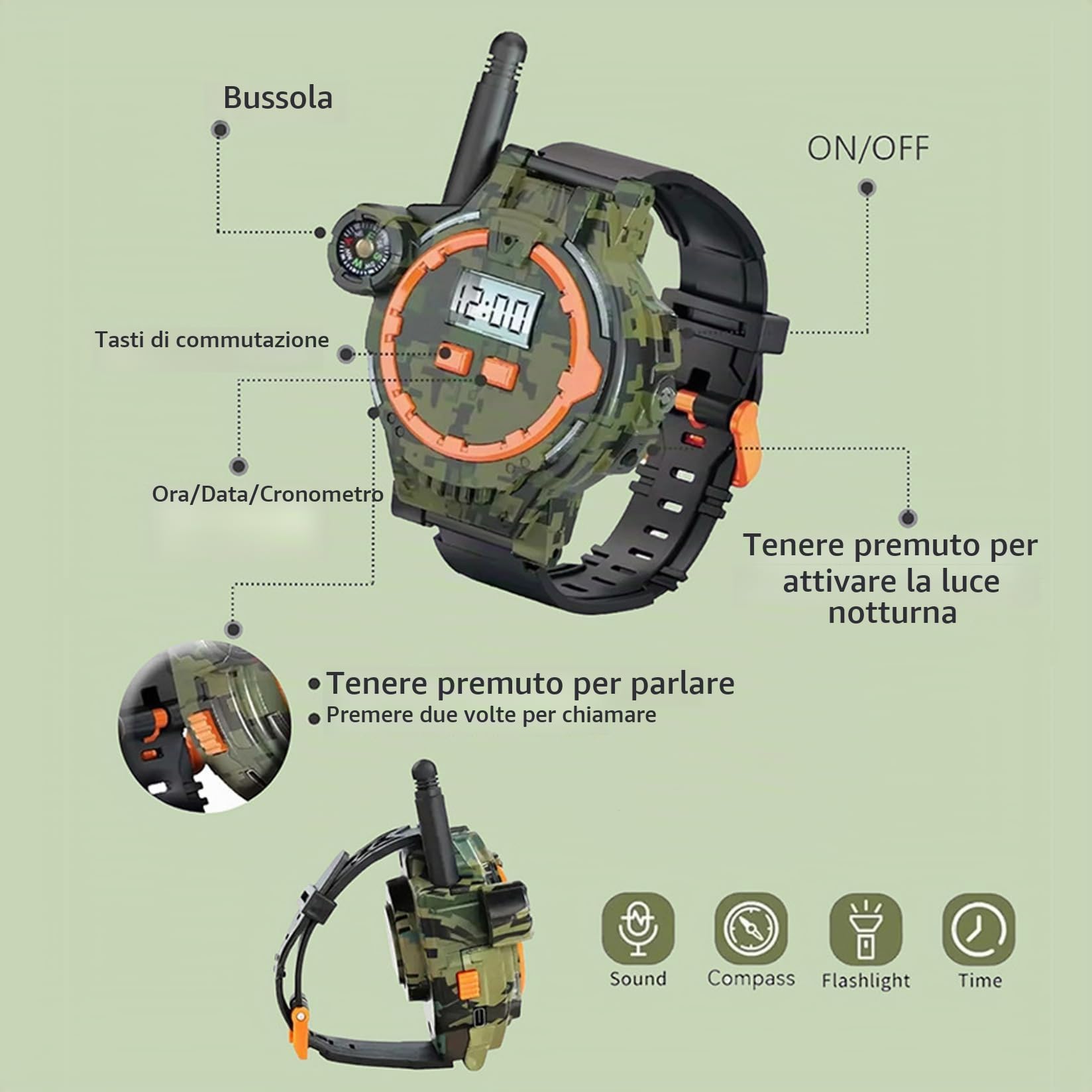 1 paio di walkie-talkie ricaricabili tramite USB per bambini, orologio walkie-talkie bidirezionale a lungo raggio con bussola, torcia elettrica e ora e data regolabili, attrezzatura da campeggio po