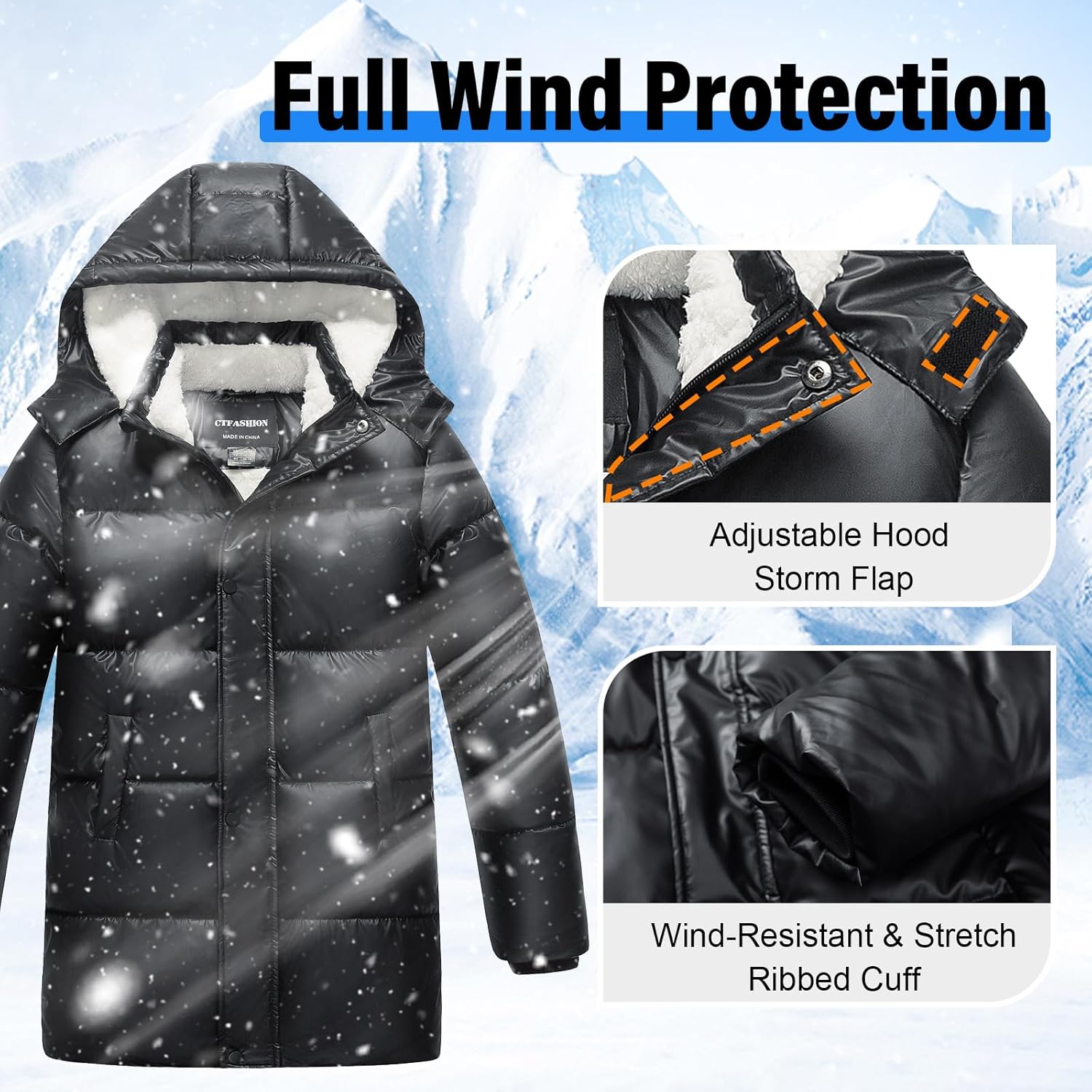 CTFASHION Boys Winter Puffer Jacket Waterproof Hooded Parka Coat with Faux Fur Lining Warm Insulated Outdoor Jacket for Kids - Image 6