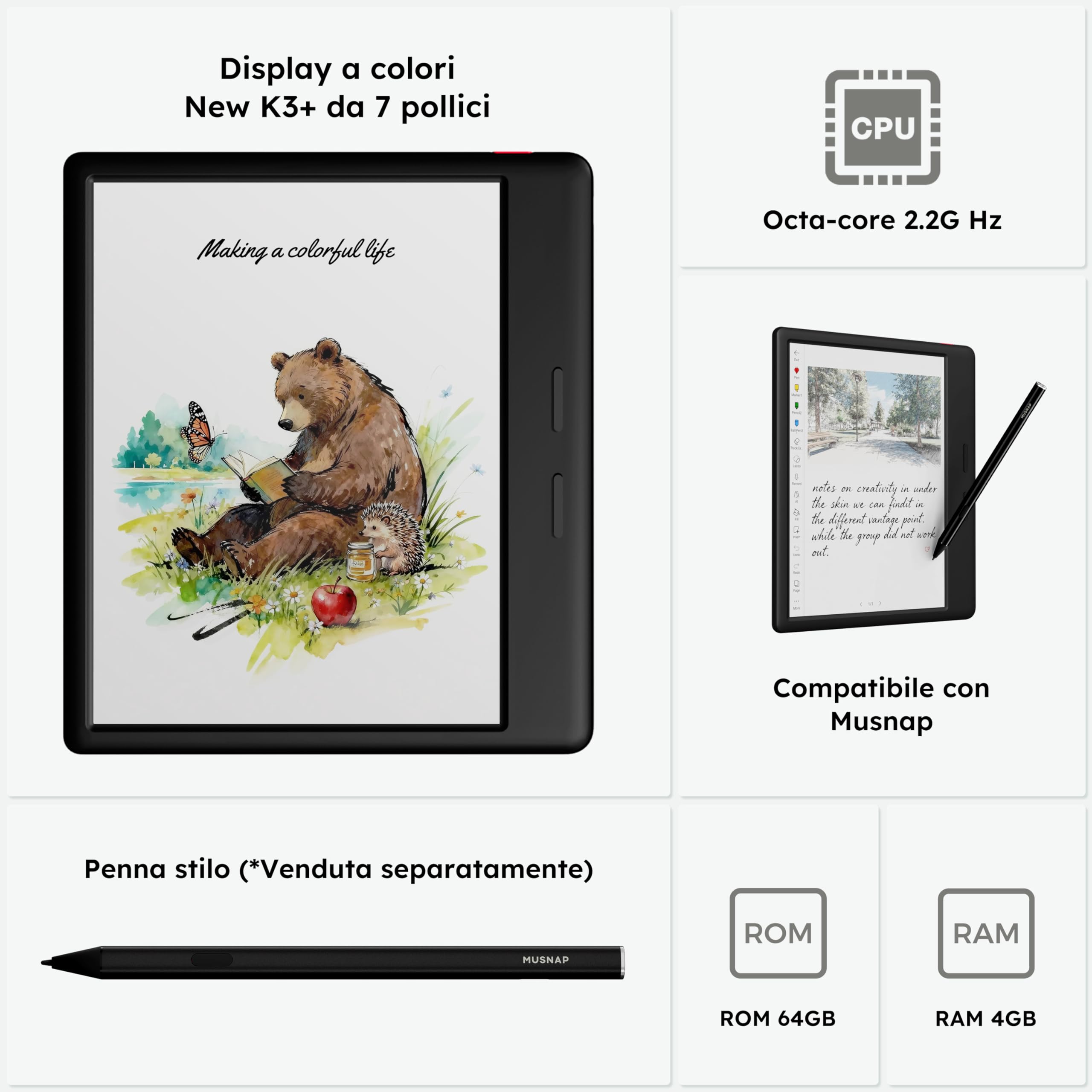 Ocean C - Lettore di eBook a colori da 64 GB + 4 GB, supporta la scrittura a mano, tablet in carta E-Ink a colori da 7 pollici con batteria a lunga durata per lettura e scrittura (penna stilo
