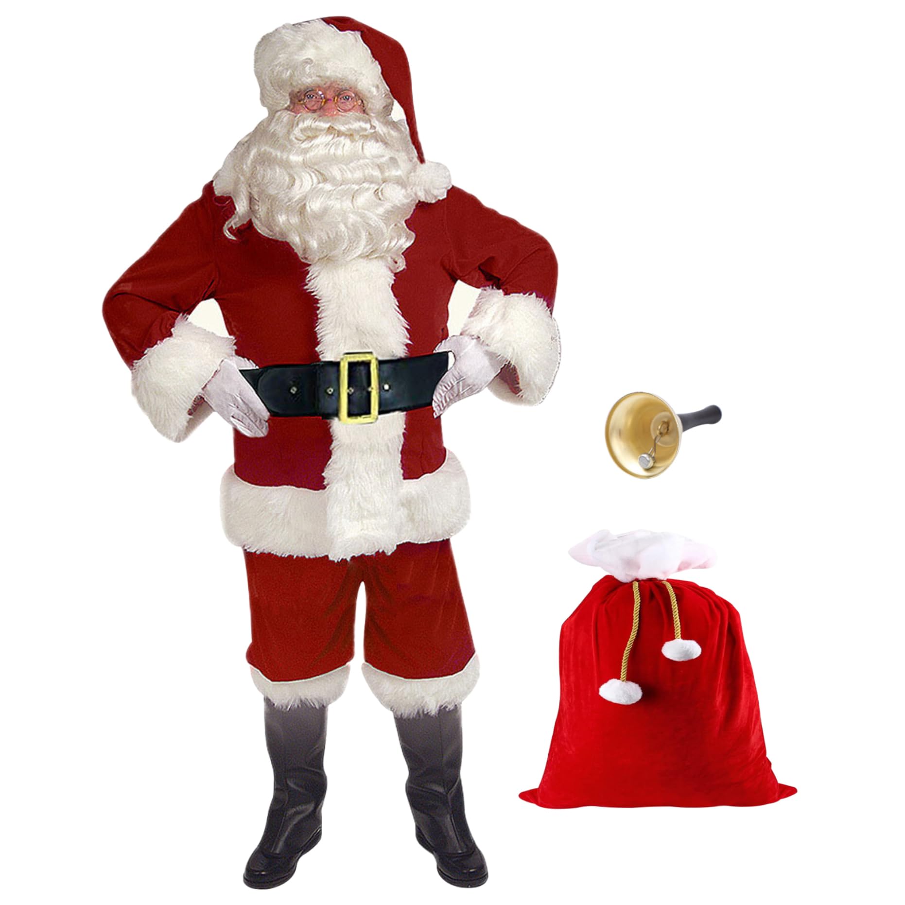Costume de Père Noël 11 pièces/ensemble tenue de Père Noël pour hommes et femmes, costumes comprenant une veste, un pantalon, un chapeau, une perruque, des lunettes, des gants, cloches