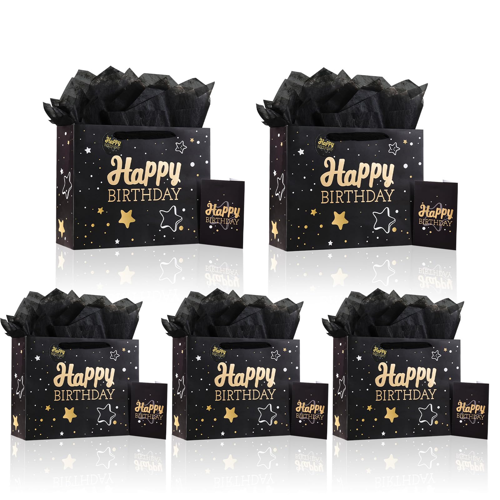Powbrace 13" Birthday Gift Bag with Tissue Paper & Card(5 Pack Black Gold) | Foil Stamping Gift Bags, Starry Sky Gift Bags, Happy Birthday Gift Bag for Men Women,Gift Bag Medium size 5 PCS Black 5 Pack