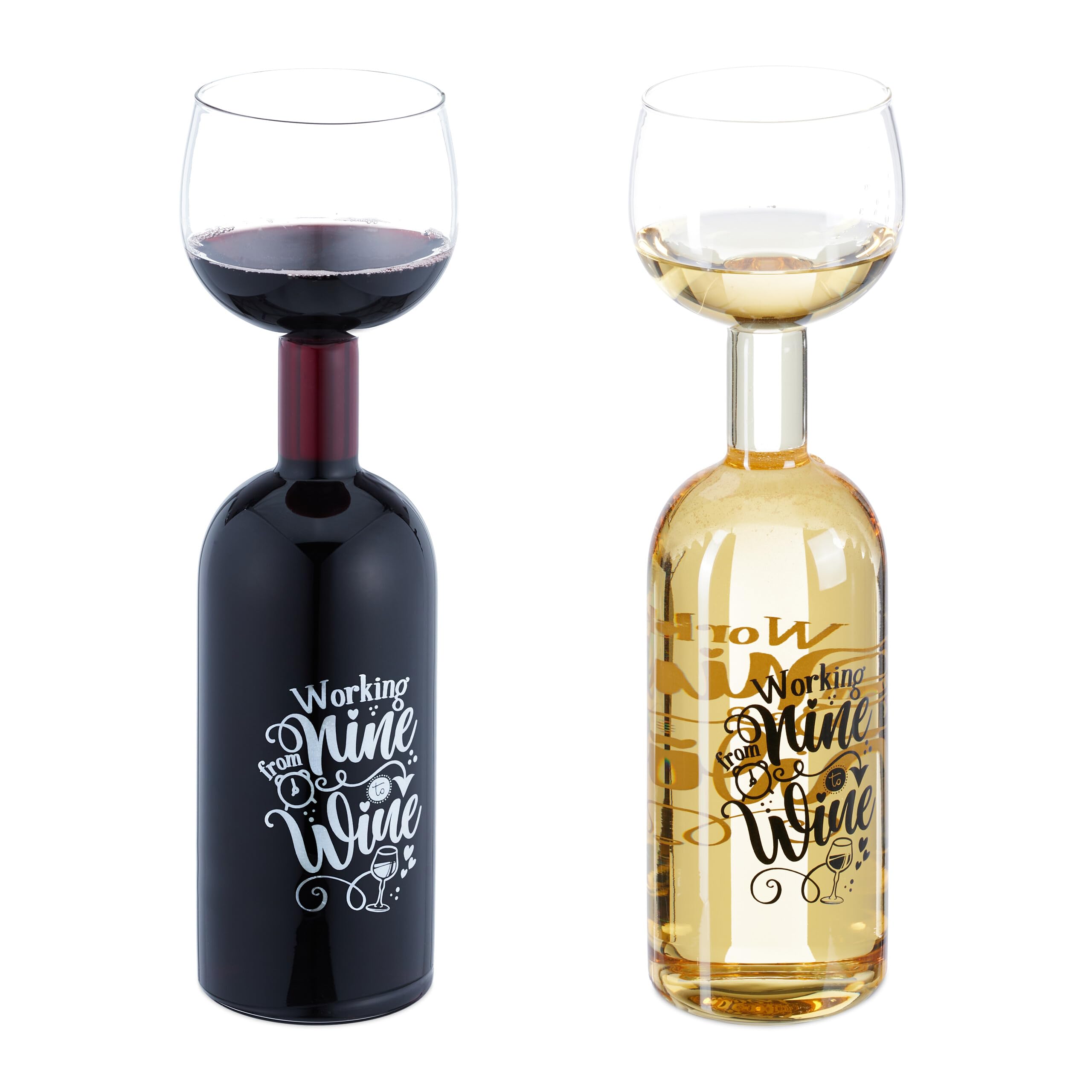 Relaxdays Bottle Glass, Fun Gift, Working from nine to wine Inscription in Black and White, Vol. 750 ml, Transparent