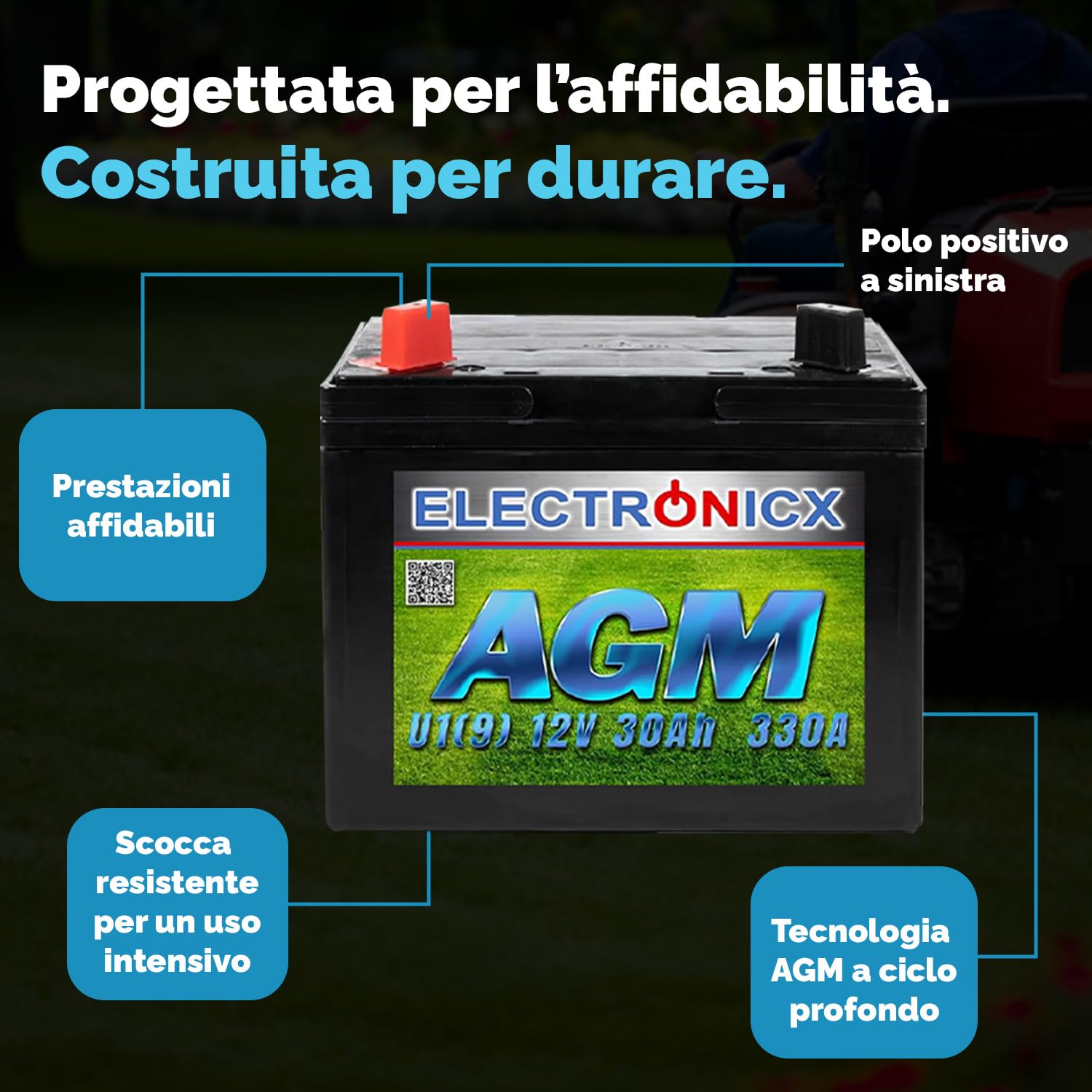 Electronicx - Batteria AGM U1 (9) 30 AH 330 A (EN) per tosaerba, attrezzi da giardino, batteria di avviamento, non necessita di manutenzione, tecnologia AGM, ermetica