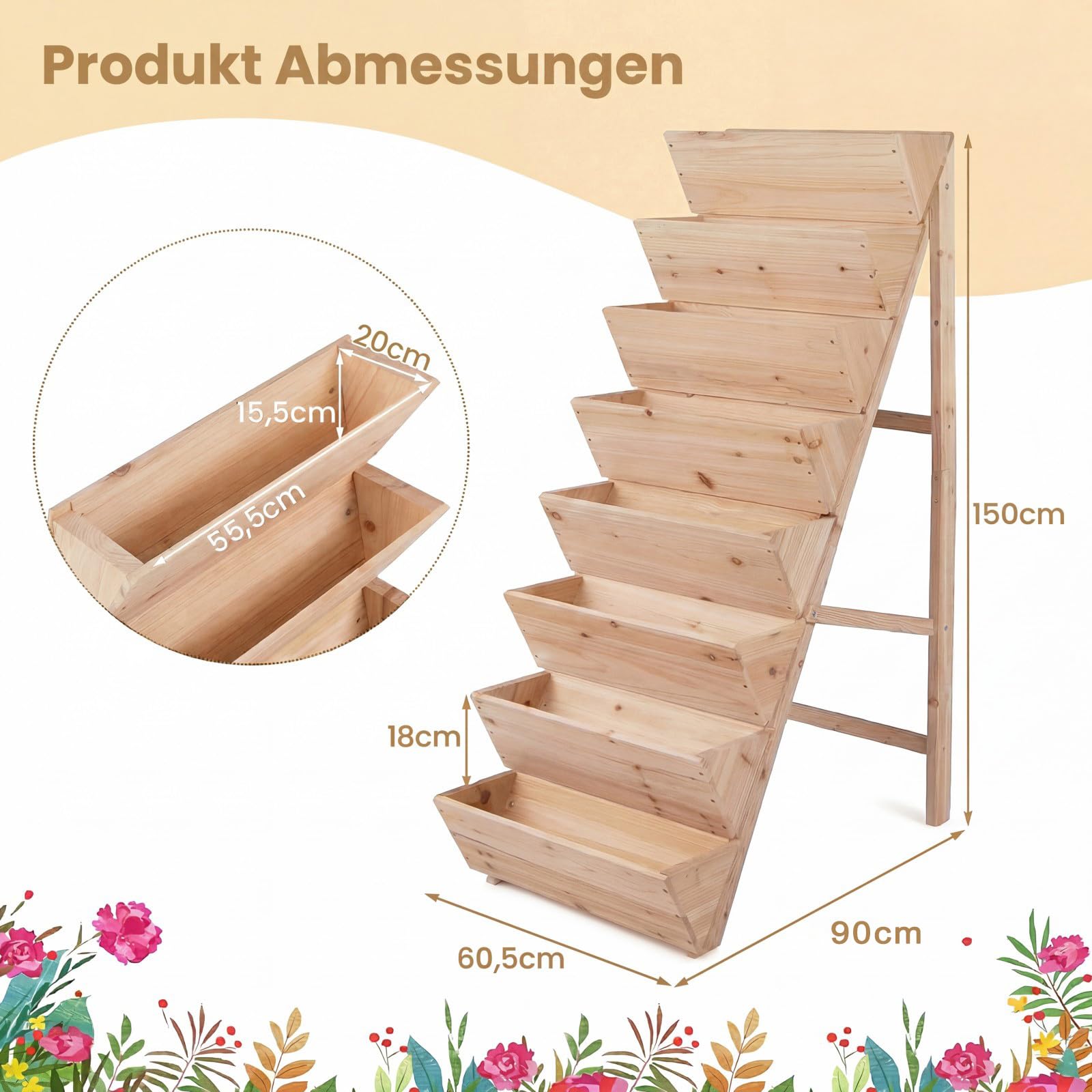 COSTWAY vertikales Hochbeet mit 8 Etagen, Blumenbeet aus Tannenholz, Vertikalbeet mit Pflanzkästen, Blumentreppe Gartenbeet Holz, Blumenkasten für Terrasse Balkon Garten (Natur)