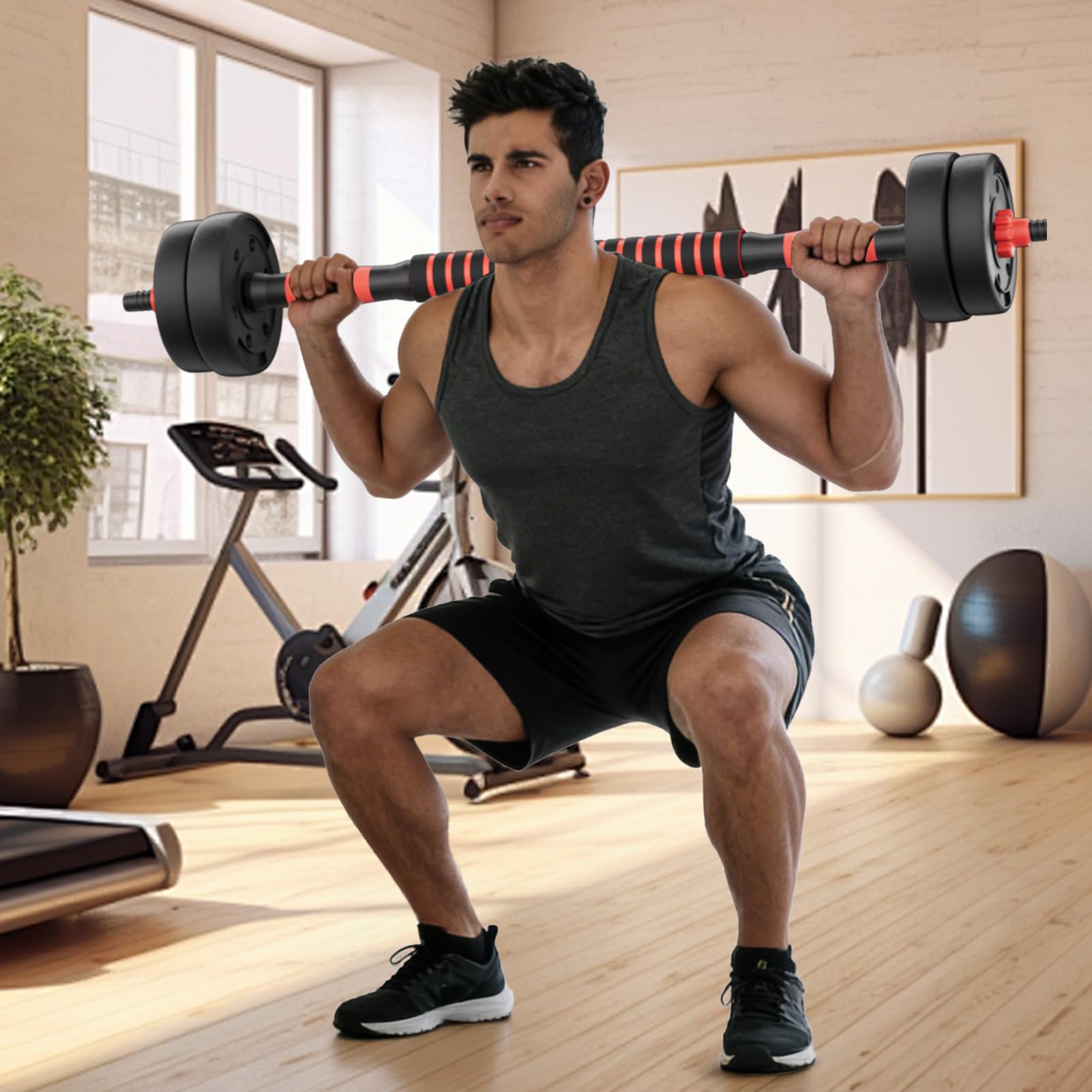Haltere Musculation Reglable, Ensemble D'haltères Pour Hommes 2 En 1, Disque Musculation Dumbbells Barres Pour La Salle De Sport, Serrure De Sécurité+Avec Bielle,Noir