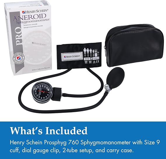 Henry Schein Prosphyg Aneroid Sphygmomanometer Pediatric Size 9 (5.17.6) Black Cuff, Manual Blood Pressure Monitor, Reusable, Dial Display, Latex-Free, Includes Leatherette Carrying Case 1 Each