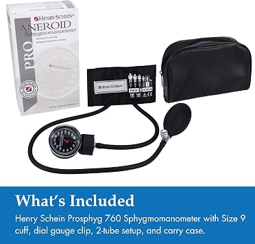 Henry Schein Prosphyg Aneroid Sphygmomanometer Pediatric Size 9 (5.17.6) Black Cuff, Manual Blood Pressure Monitor, Reusable, Dial Display, Latex-Free, Includes Leatherette Carrying Case 1 Each