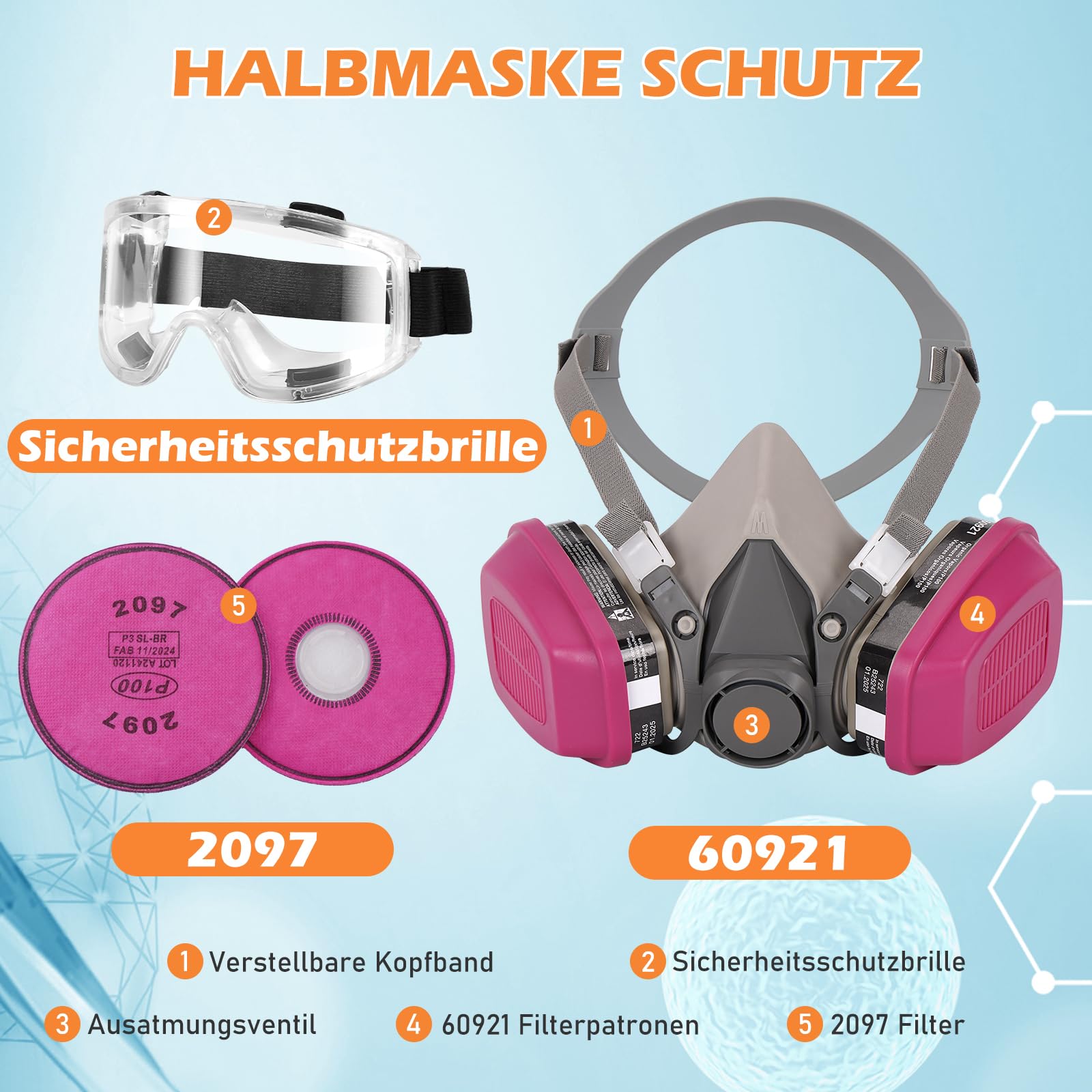 Wiederverwendbare Atemschutzmaske mit 60921 & 2097 Filter, Gasmaske Staubfilter und Schutzbrille für Lackieren, Feinstaub, Bauarbeiten, Schweißen, Schneiden, Labor, Landwirtschaft, Industrie