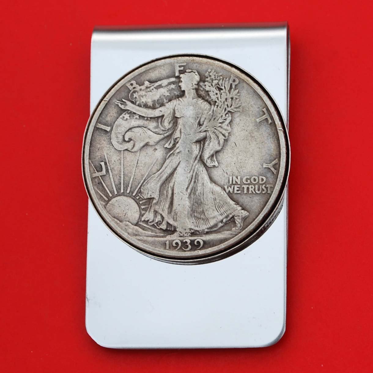US 1939 Walking Liberty Half Dollar 90% Silver Coin Stainless Steel Money Clip NEW - Silver Plated Coin Bezel