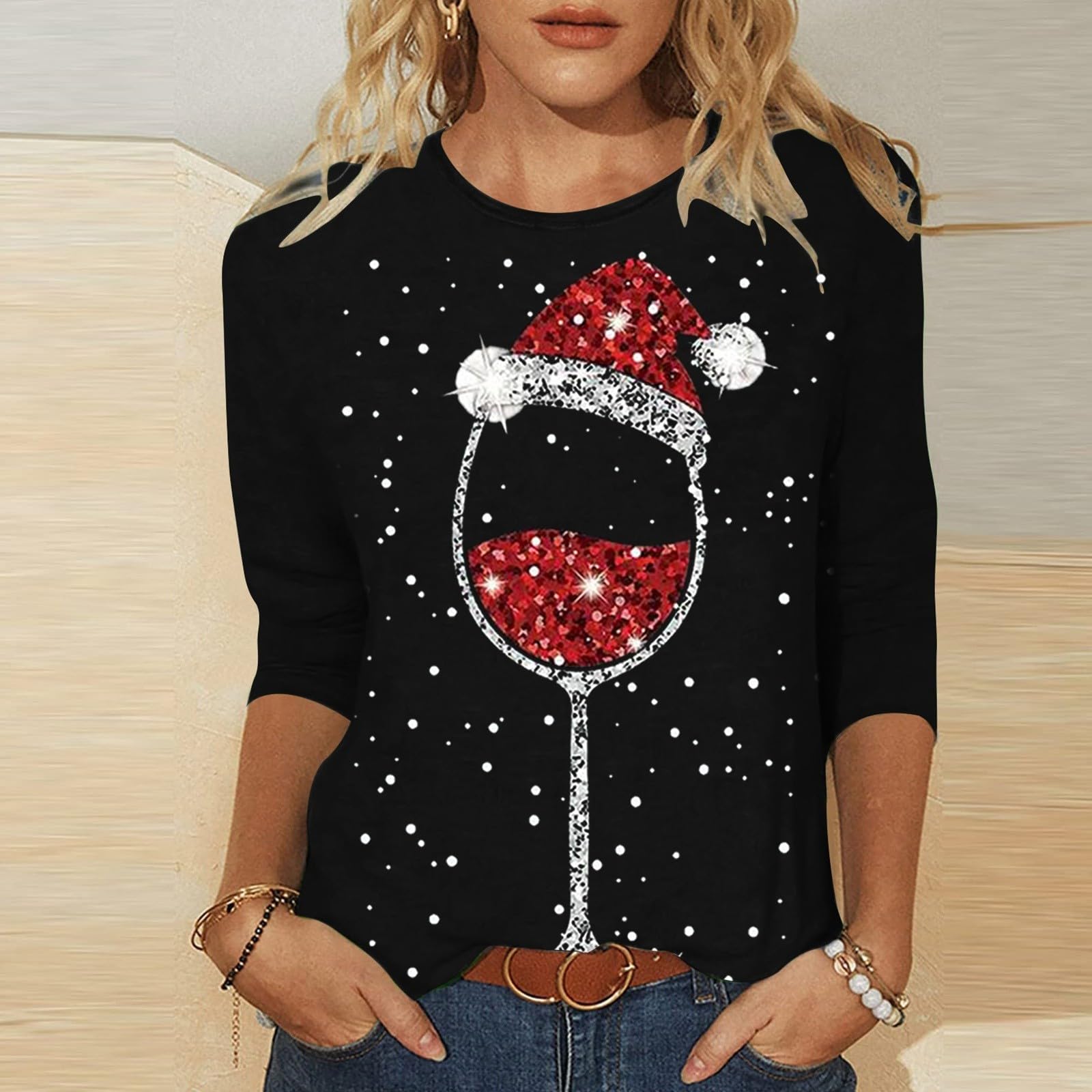 Weihnachtspullover Damen Lustig Druck Casual Pullover Merry Christmas Sweatshirt Rundhals Baumwolle Langarm Weihnachtspulli Winter Warm Tops