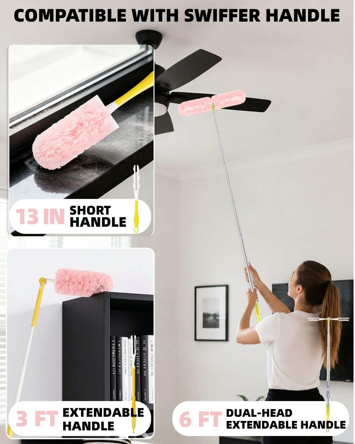 30 recambios de plumero rosa para Swiffer Duster, recambios de plumero multisuperficie de 360° con 1 asa, 5 plumeros desechables de microfibra para limpieza del hogar, oficina y comercial