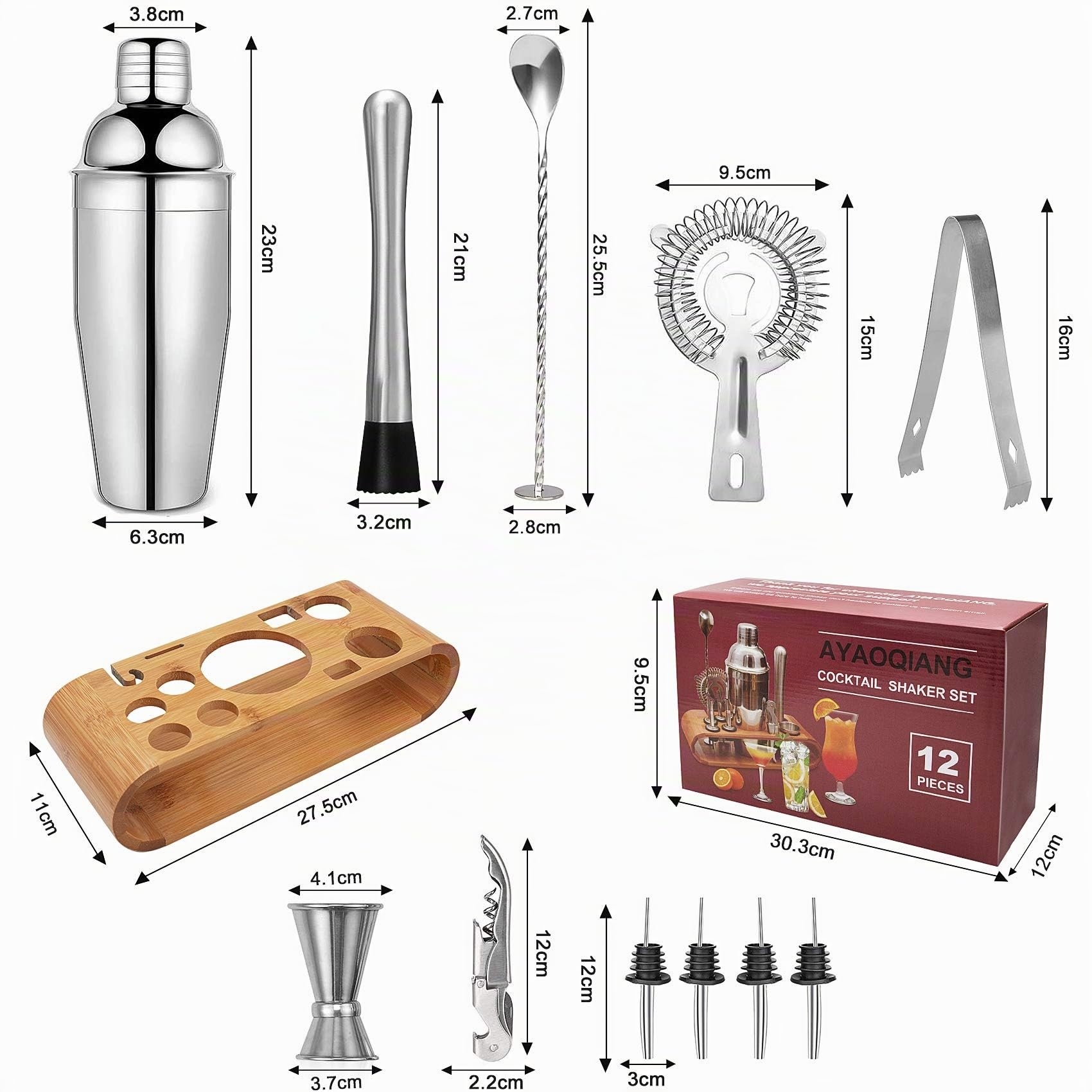 Juego de coctelera, Juego de Mezcla de cóctel de Acero Inoxidable de 750 ml, Kit de Camarero con Soporte de bambú para el hogar, Barra, Juego de Herramientas de Barra de 12 Piezas