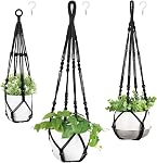 Mkono 3 Pack Macrame Plant Hangers Indoor Different Size Hanging Planter Basket Flower Pot Holder with Beads No Tassels 35"/29"/23", Medium, Black