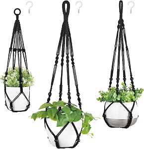 Mkono 3 Pack Macrame Plant Hangers Indoor Different Size Hanging Planter Basket Flower Pot Holder with Beads No Tassels 35"/29"/23", Medium, Black