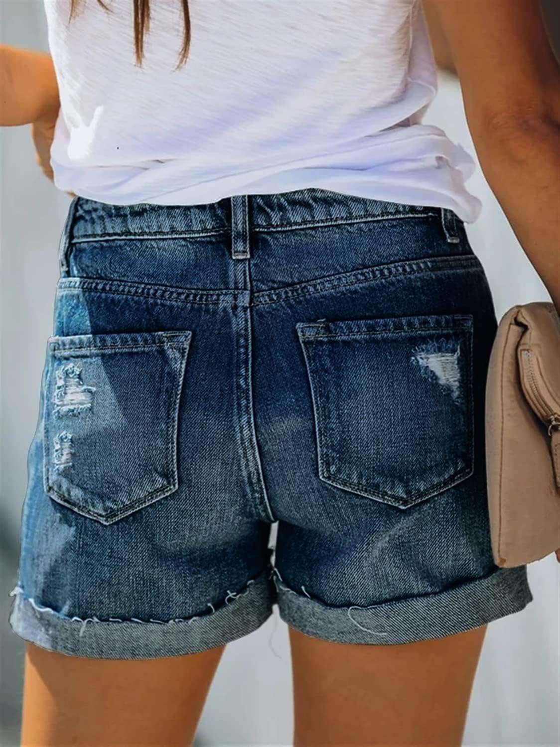 Angerella Denim Shorts for Women Mid Rise Ripped Jean Shorts Stretchy Folded Hem Hot Short Jeans - Image 2