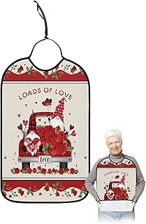 BOBOWUNY Valentines Truck Adult Bibs for Elder Women Men Eating, Gnomes Roses Red Love Heart Waterproof & Washable Bibs for Eating Clothing Protector Dining Bibs for Crumb Catcher