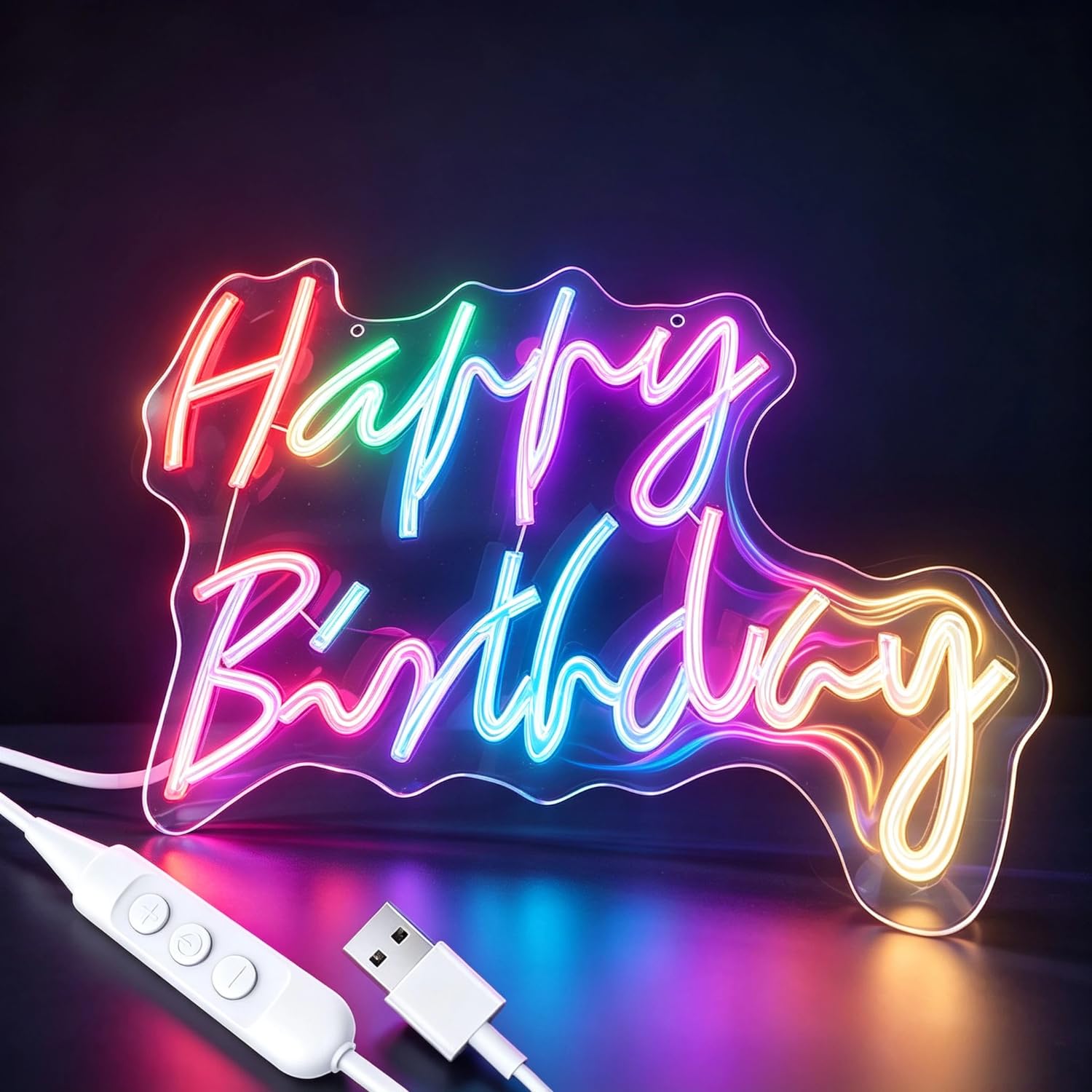 Neonowe światła Happy Birthday [9 kolorów RGB] – 47 cm x 35 cm, ściemniany znak świetlny na przyjęcie urodzinowe, dekoracja ścienna z zasilaniem USB