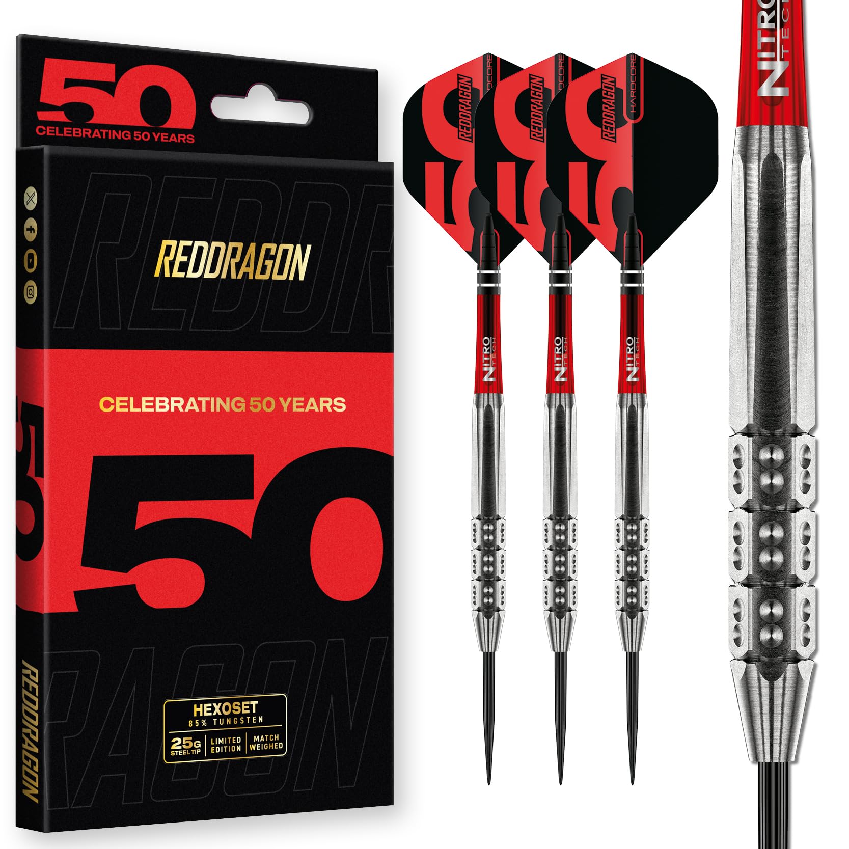 RED DRAGON DARTS - 50 Year Classics Collection - Hexoset 3-25g - 85% Tungsten Darts Set - Professional Steel Tip - Includes Dart Flights & Dart Stems (Shafts)