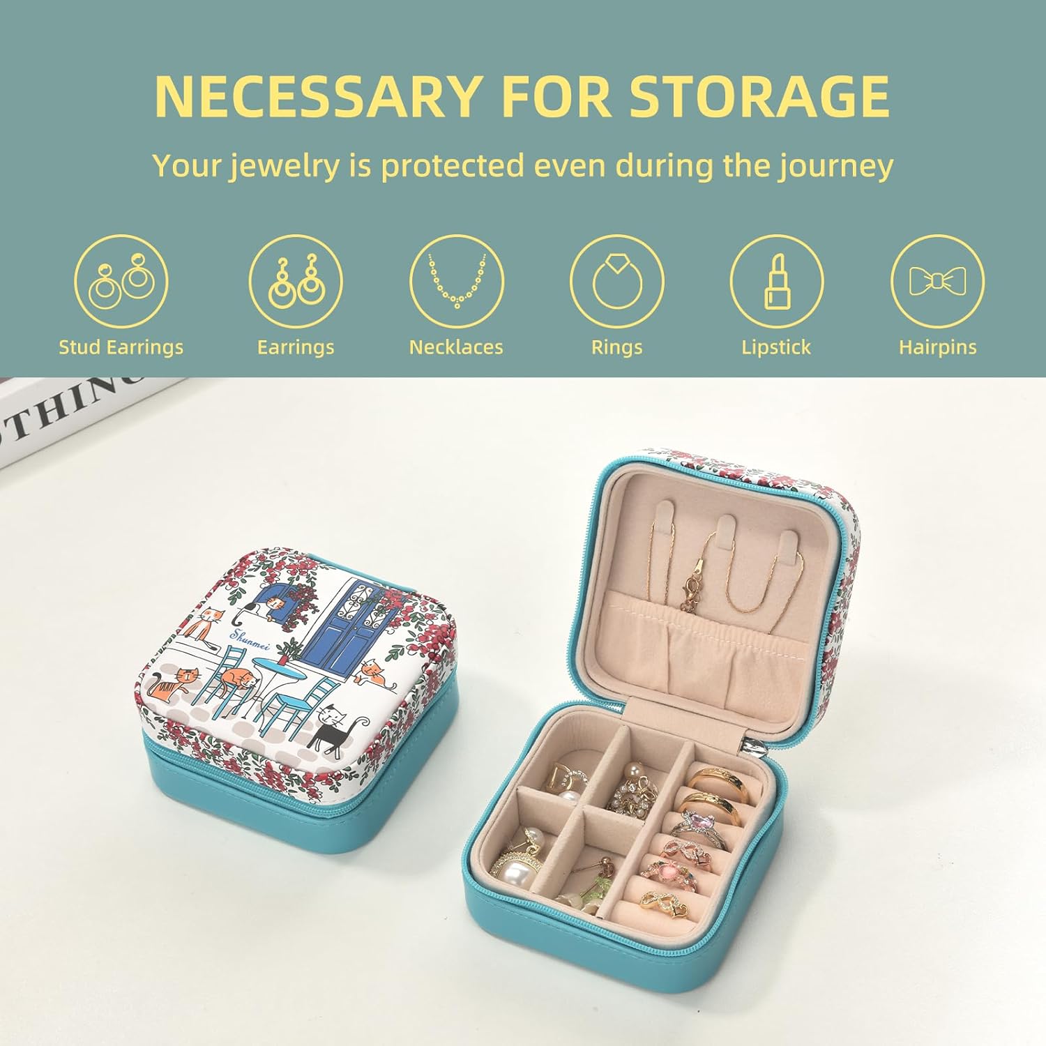 shunmei Mini Travel Jewelry Box,PU Leather Portable Jewelry Organizer Case,Art Accessories Storage Holder Boxes for Earring, Necklace, Rings, Bracelets (Six Cats) - Image 6