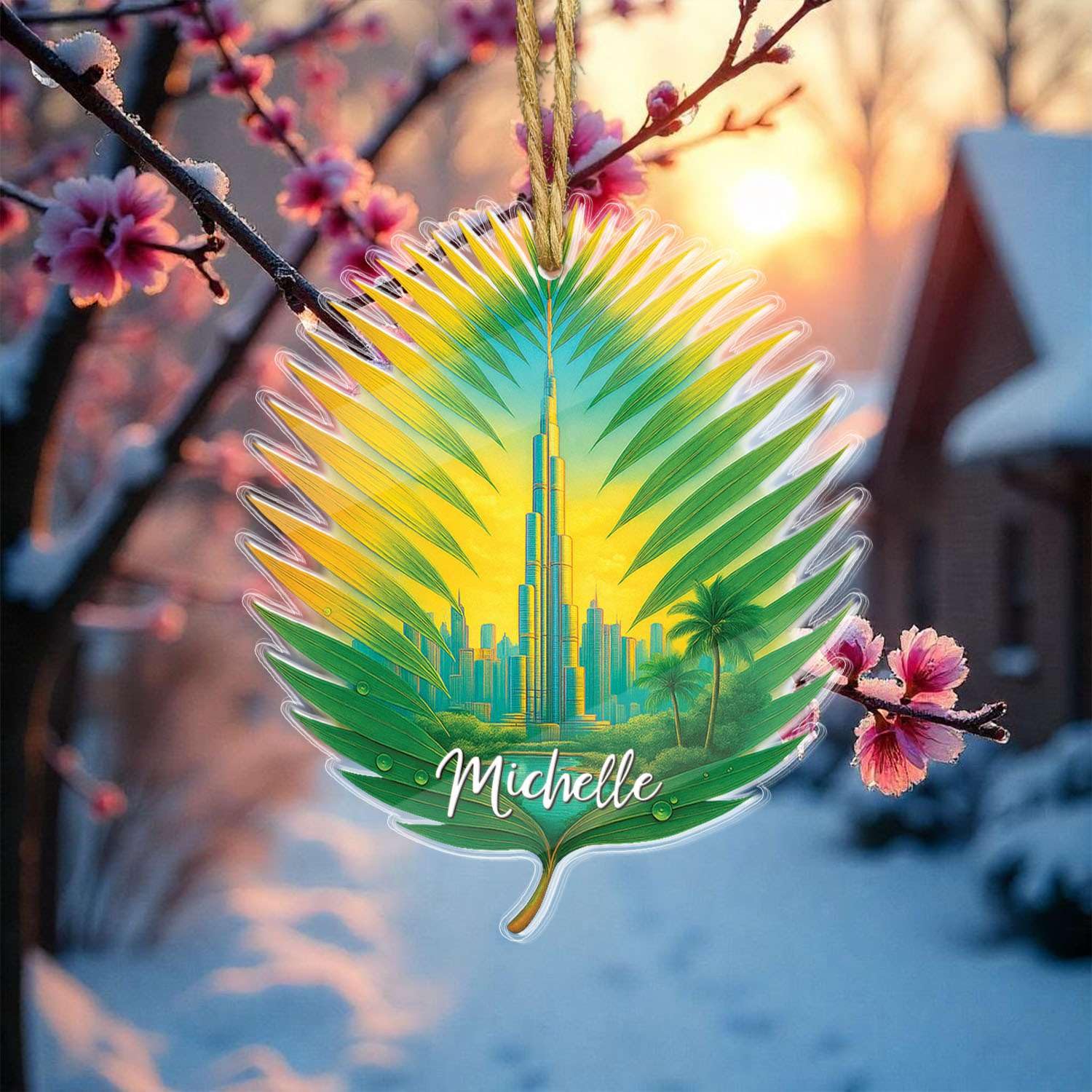 Personalized Name Burj Khalifa 2D Acrylic Ornament, Leaf Shaped Dubai Themed Decoration, Burj Khalifa Inspired Hanging Tag, Unique Dubai Themed Ornament, Gifts for Travelers, Traveling Decor