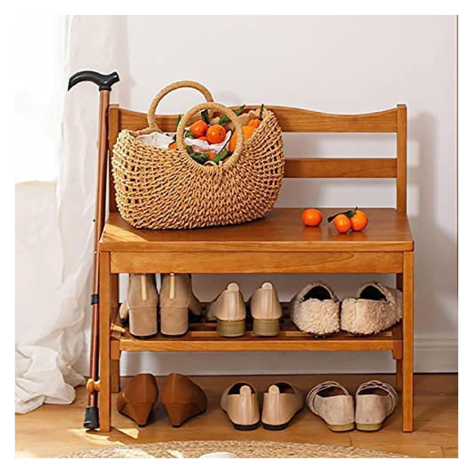 GRDDBZA Shoe Storage Bench with Cushion for Entryway, Wooden Shoe Stool with Backrest, Rustic Farmhouse Bench Shoe Stool, Entrance Bench Shoe Rack, Multipurpose Shoe Cabinet(Yellow)