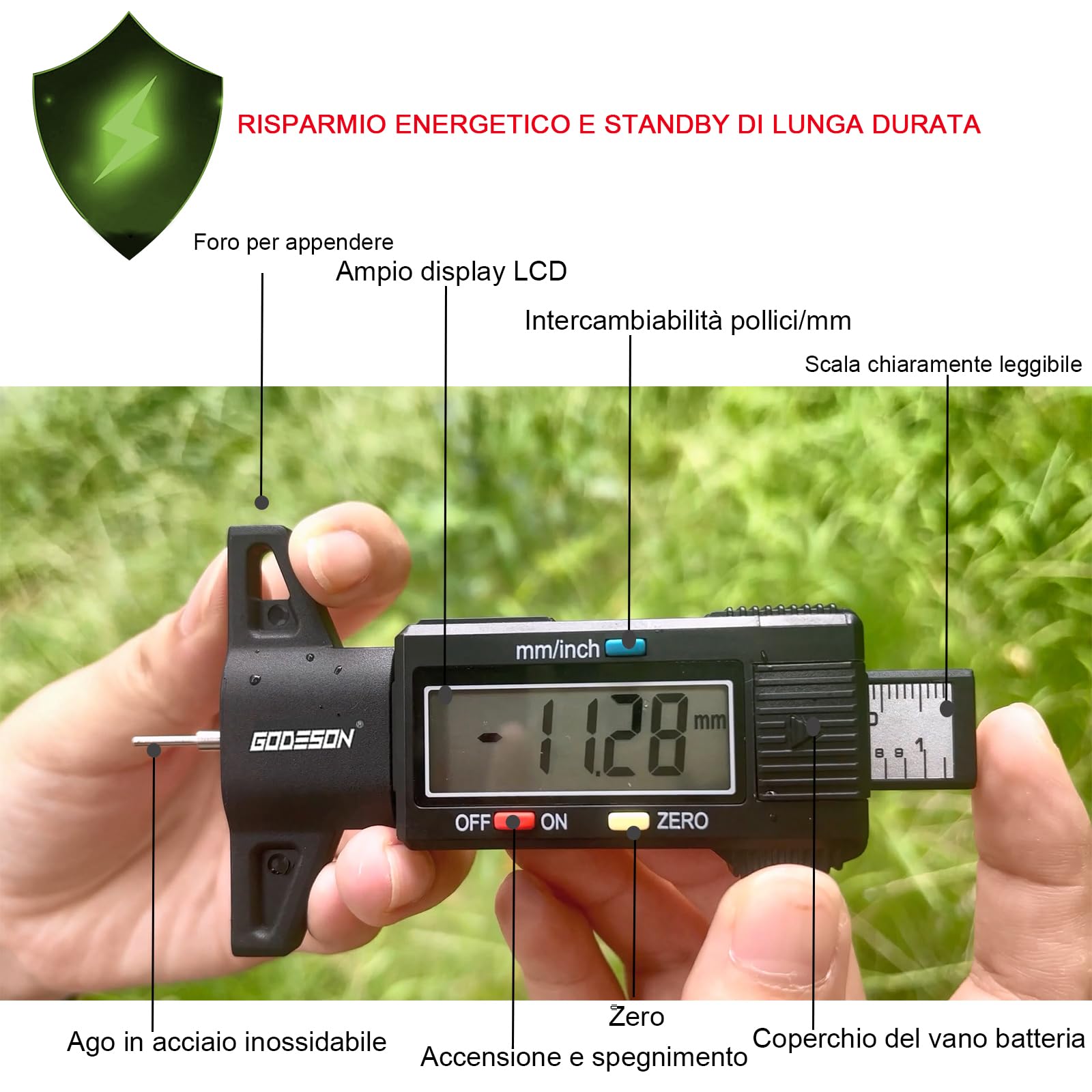 GODESON Digitale Misuratore Profondità Battistrada, Misuratore di Calibro Pneumatico con ampio display LCD per moto, auto, camion in inch/mm