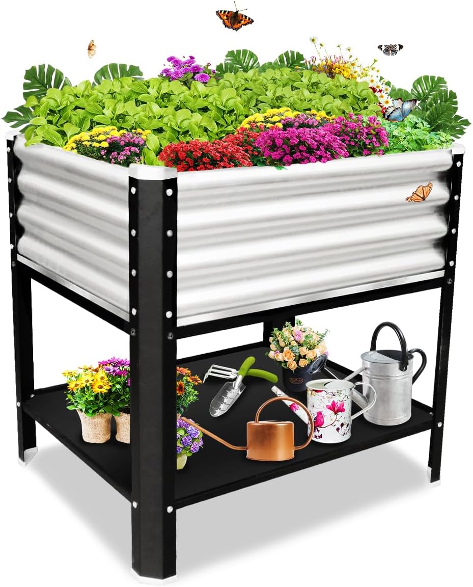 Elevated Metal Raised Garden Bed, Large Outdoor Metal Planter Box Big Flower Plant Pot for Planting Flowers Vegetables and Herbs (Silver, Small)