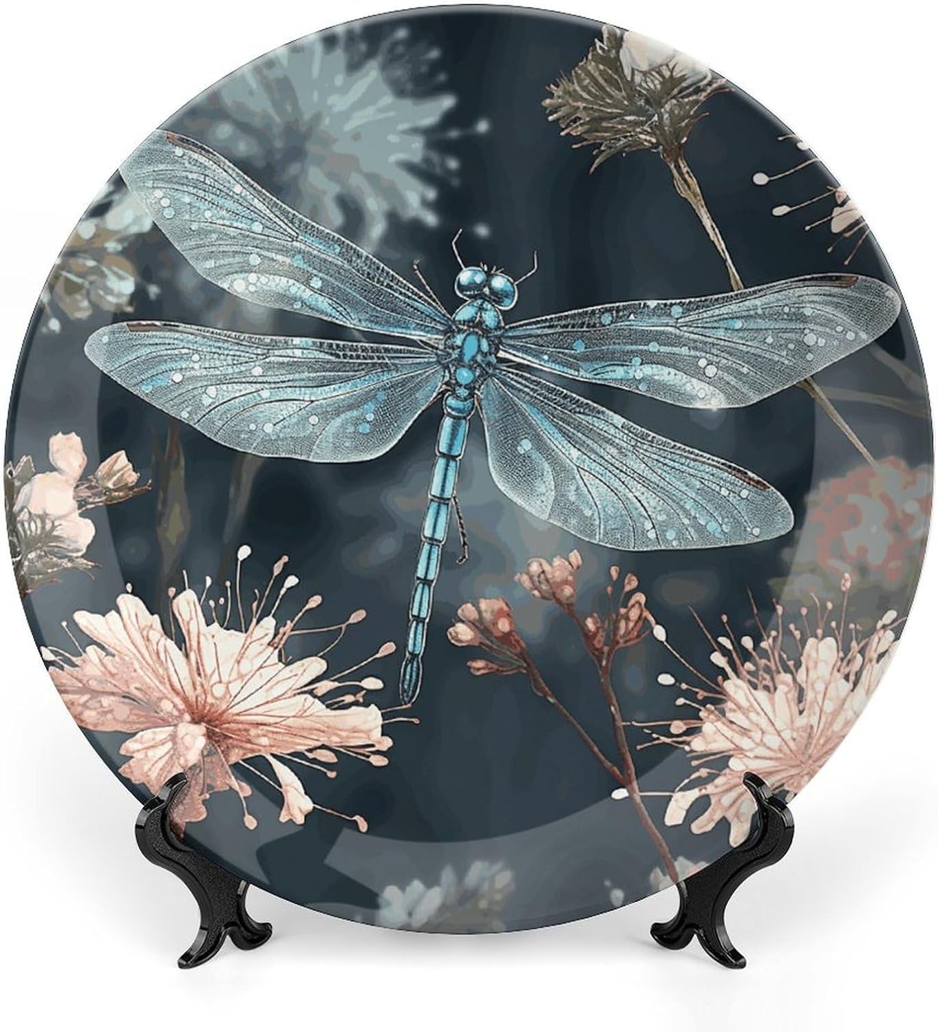 Dragonfly Flower Bone China Decorative Plate with Stand 8inch