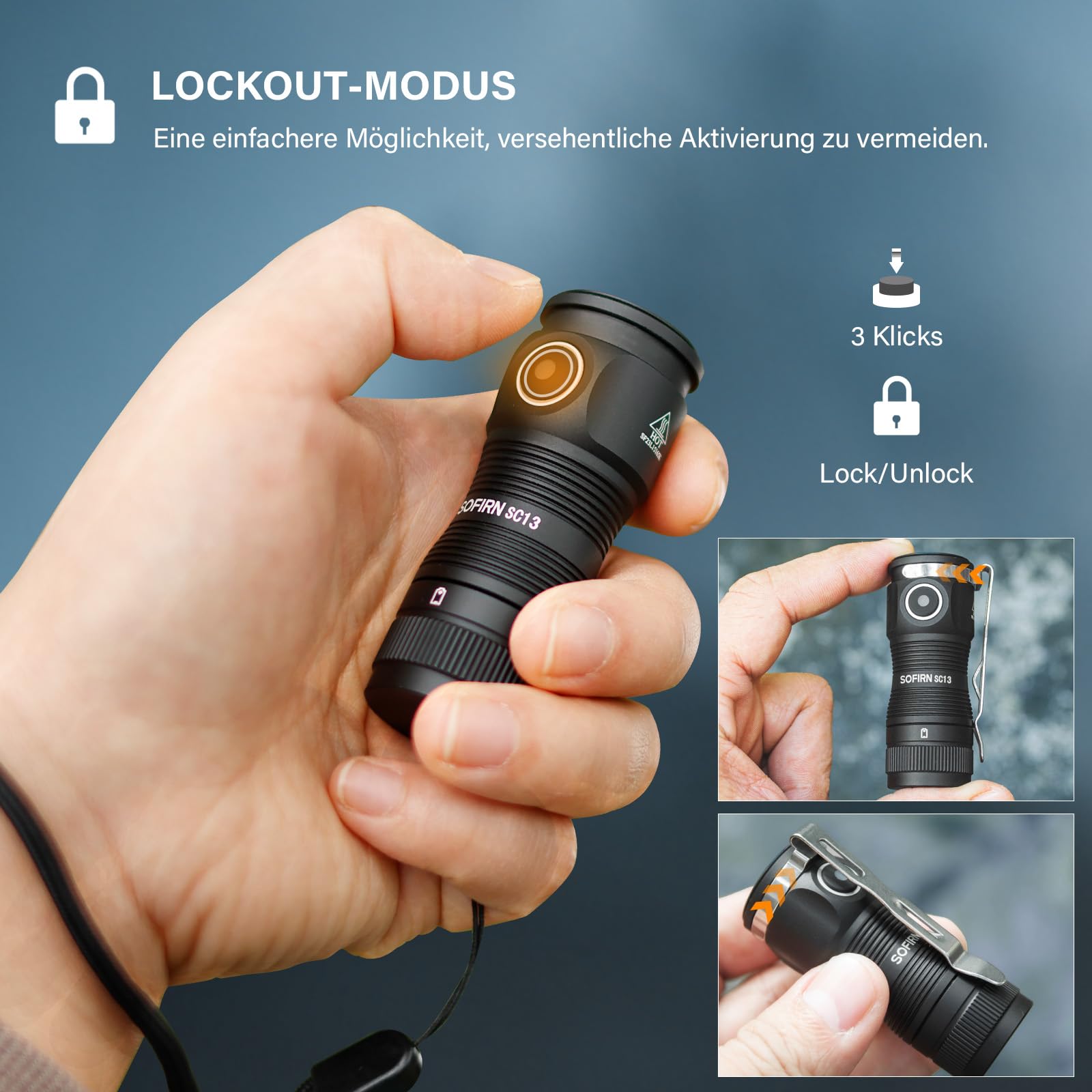 CSTEBOKE Sofirn SC13 Mini torcia a LED ricaricabile, 1300 lm, piccola torcia a LED, estremamente luminosa con 5 modalità, IP68, impermeabile EDC per campeggio, escursioni, emergenze, torcia elettrica