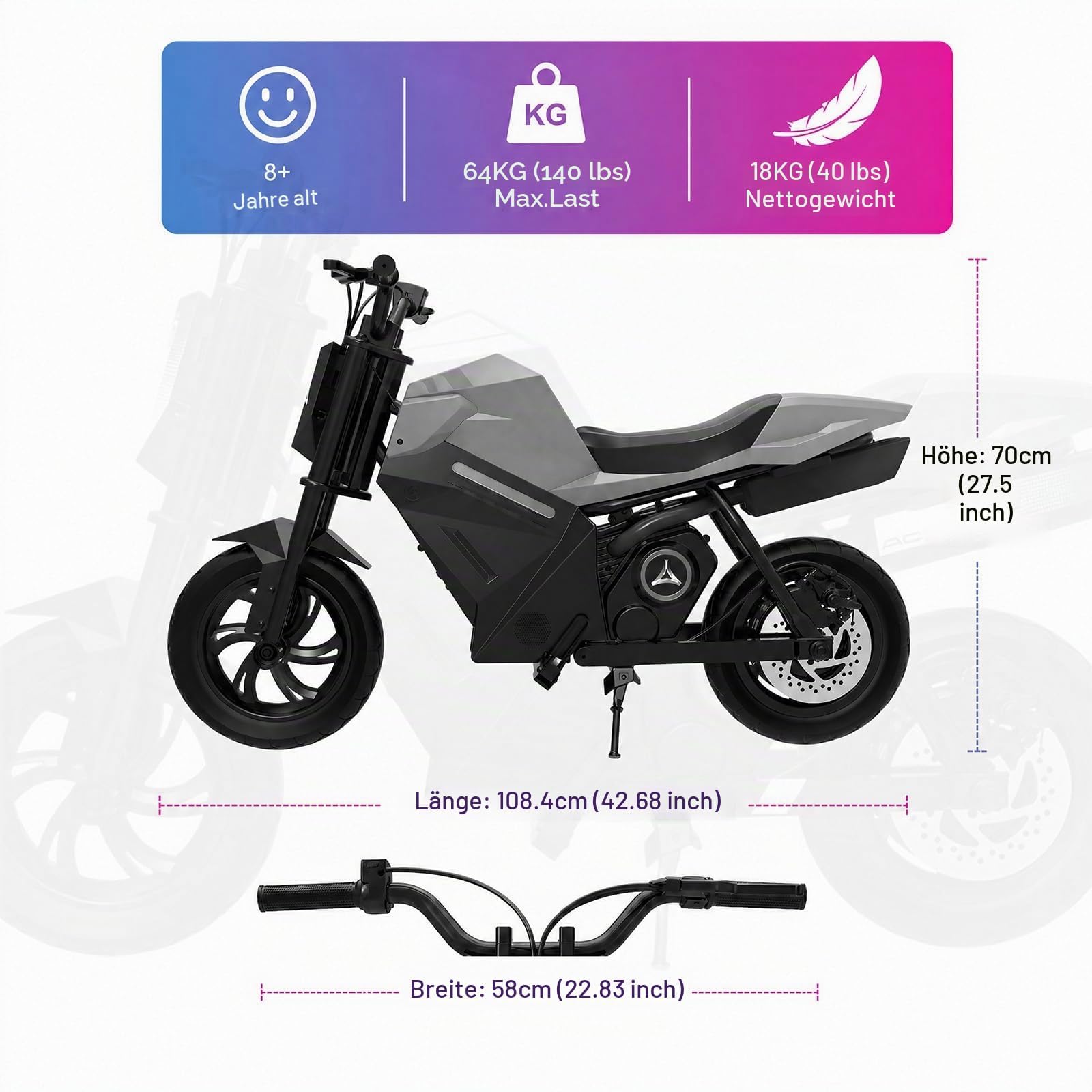 Moto elettrica per bambini, motore da 250 W, 21,6 V, 4 Ah (argento)
