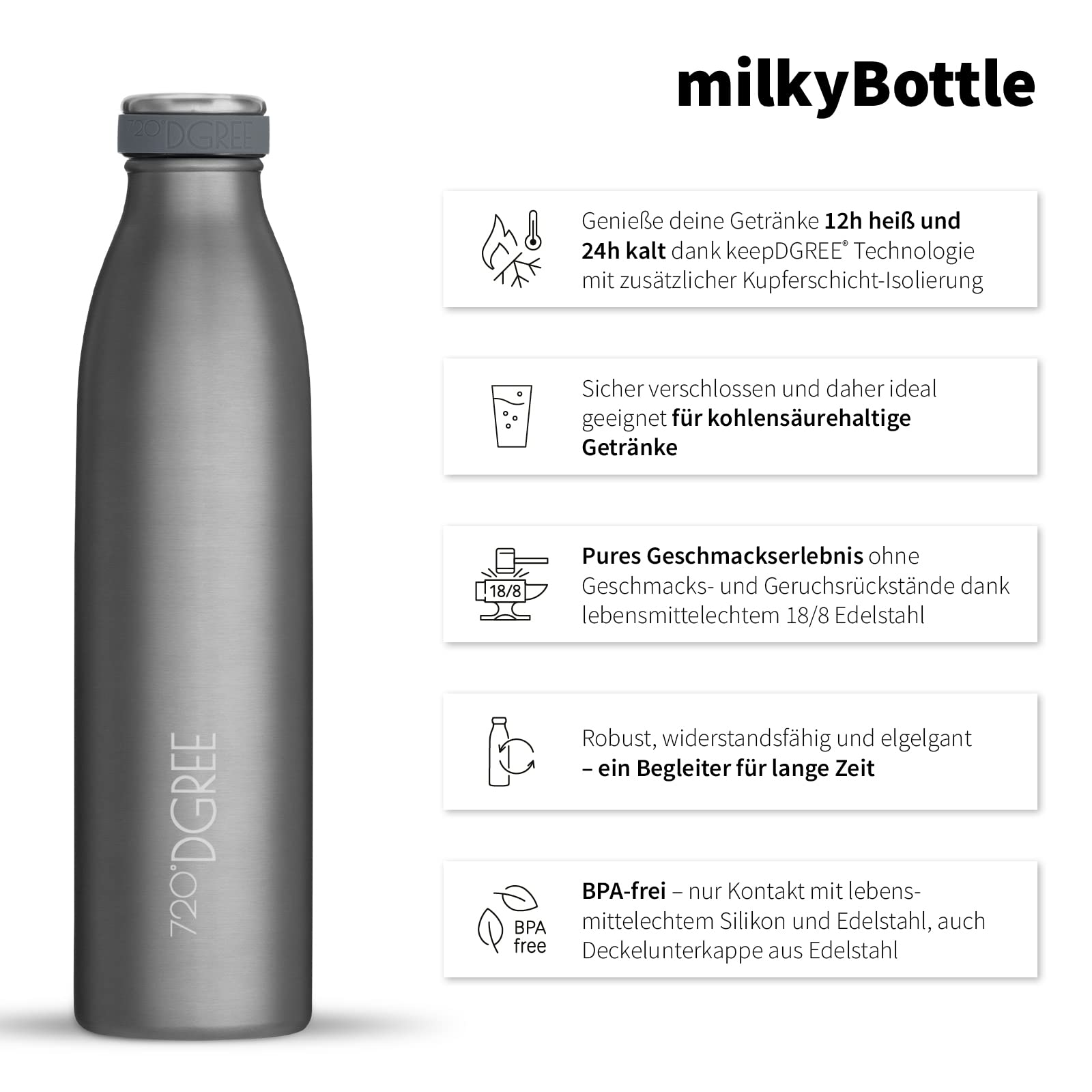 720°DGREE Gourde Acier Inoxydable "milkybottle" – 350ml, Gris | Bouteille Isotherme d'eau | Revêtement durable parfaite pour enfants, sport, l'ecole | Isolée Qualité supérieure - 3