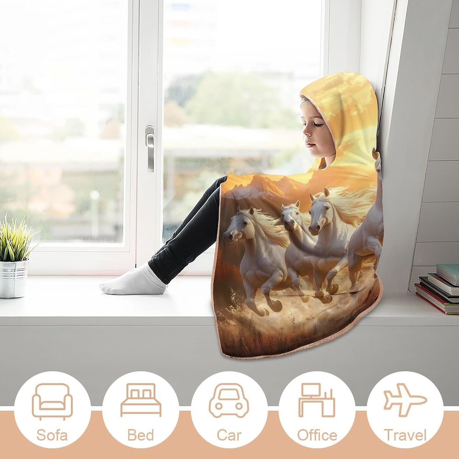 Running Wild Horses Wearable Blanket Oversized Throw Cape | Cozy Hooded Blanket Gifts for Women Men