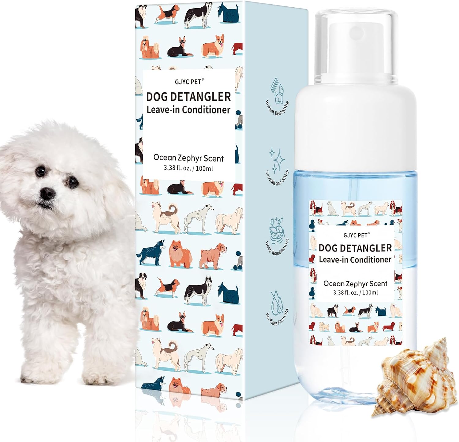 Dog Detangler & Dematting Spray - Leave-in Conditioner, Ocean Zephyr Scent | Jojoba Oil, Macadamia Oil, Sodium Hyaluronate for Silky, Tangle-Free Coat, 3.38 fl. oz