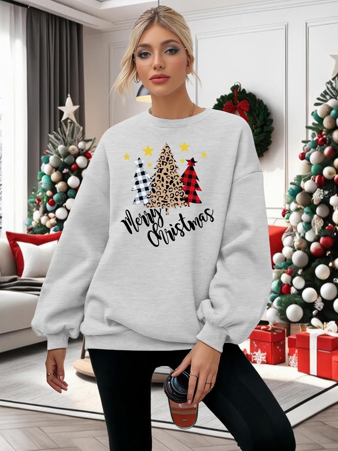 Christmas Sweatshirts for Women Merry Christmas Plaid Pullover Sweatshirts Holiday Vacation Graphic Tees Tops - Image 4