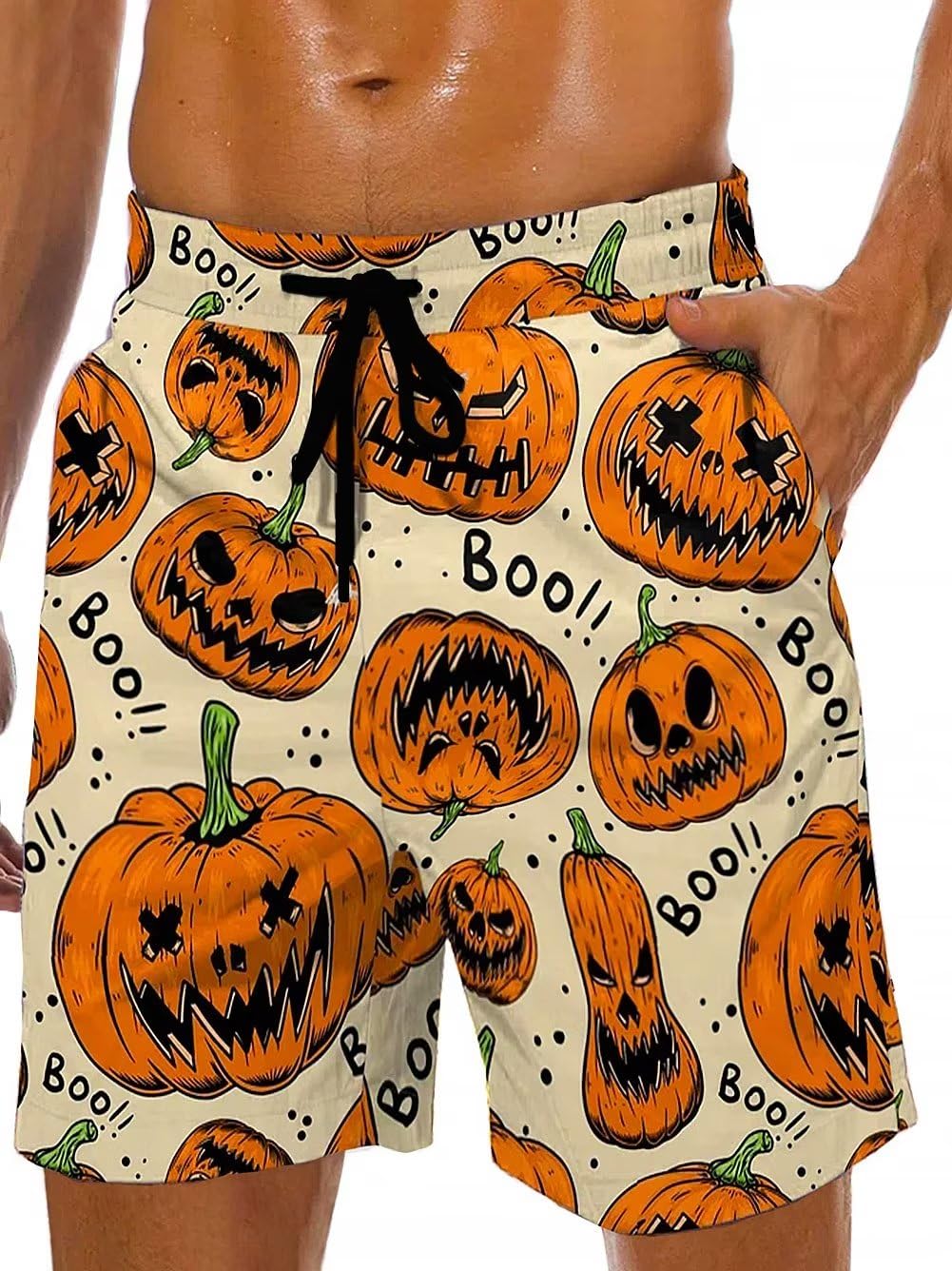 Lzzidou Men's Swim Trunks 9 Inch Inseam Bathing Suit Hawaiian Swimsuits Mesh Lining Beach Shorts with Pockets, Halloween-apricot, 3XL