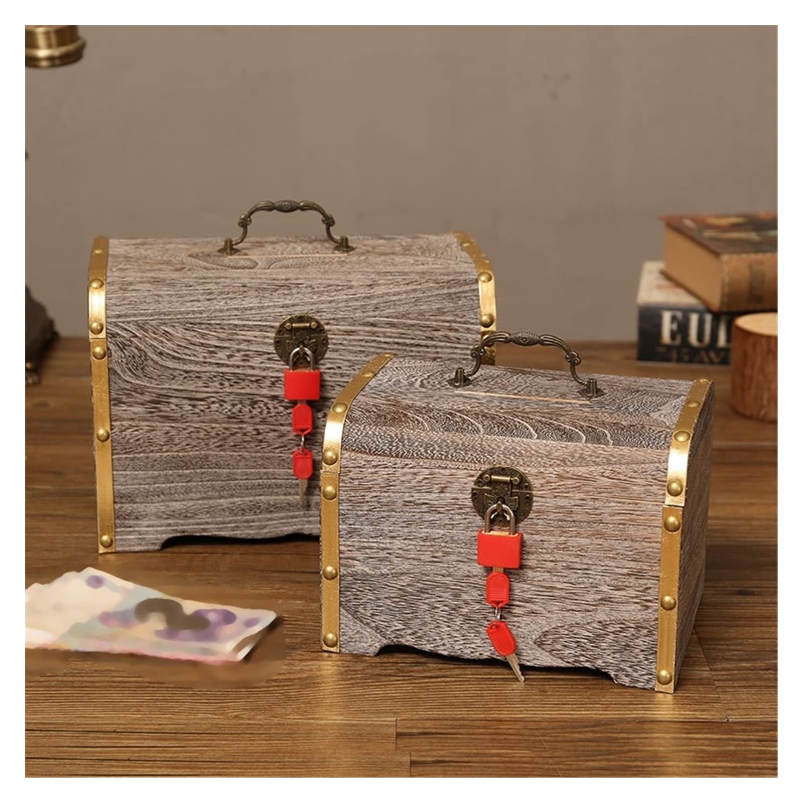 Holz Sparschwein Sparschwein Geldschloss Holzkiste Exquisite Aufbewahrungsbox Schatz Schmuck Vintage mit Schlüsseln Sparschwein Organizer,Starke Sicherheit