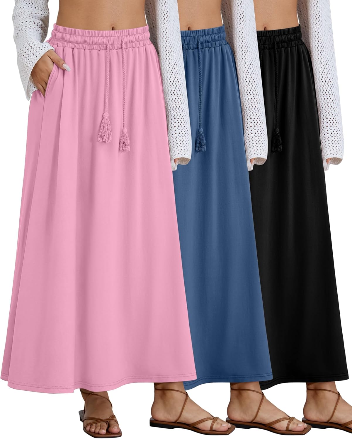3 Pack Women's Maxi Long Skirts, Ankle Length a Line Elastic High Waist Flowy Boho Casual Skirt with Pockets