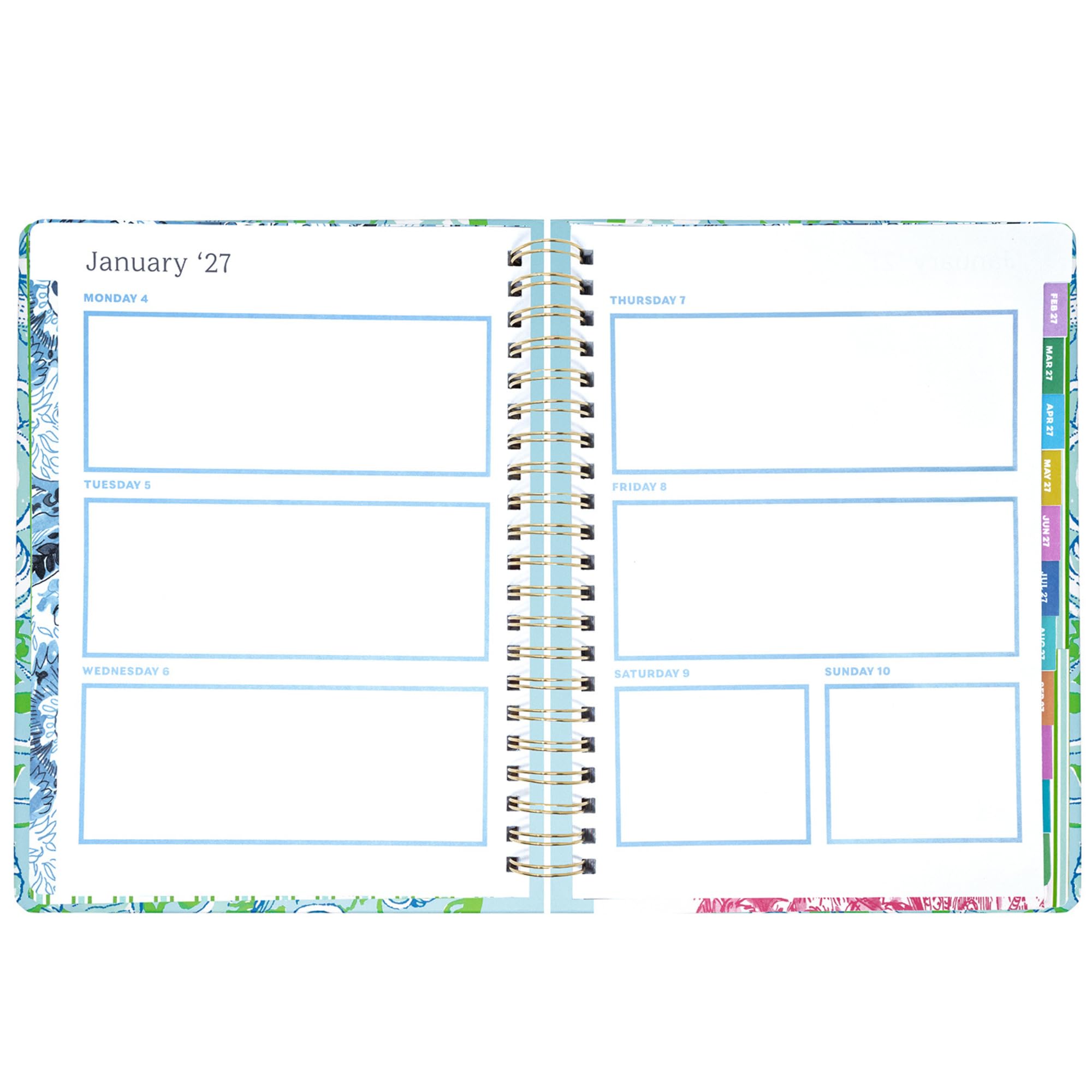 Lilly Pulitzer Agenda Jumbo 17 mesi, 21,9 x 28,3 cm, datata agosto 2026-dicembre 2027, rilegatura a spirale dorata e chiusura elastica, layout settimanali e mensili, adesivi, pagine di viaggio e