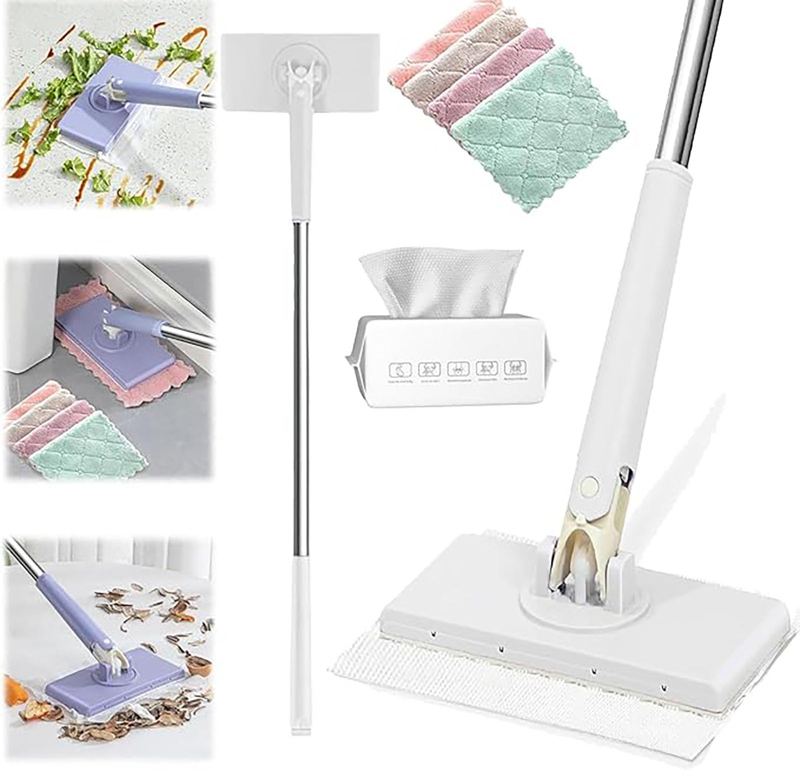 Automatic Cloth Changing Mini Mop, Automatic Cloth Changing Mop, Multifunctional Face Towel Mop, Mini Sweeper Mop, 360°Rotating Head Push-Pull Handle Design (White 1pcs,93cm)