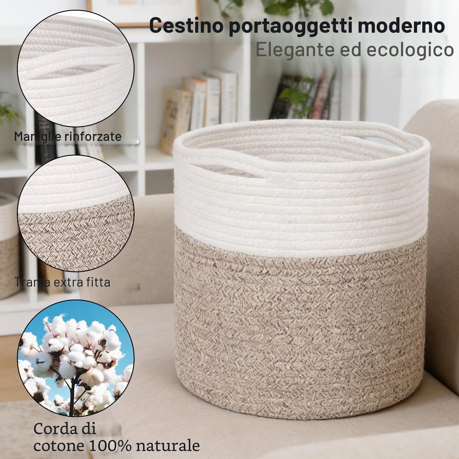 Cesto in Corda Di Cotone Intrecciato, Cesto per La Biancheria in Cotone Con Manici, Cesto Portabiancheria Pieghevole per Coperta, Cestino Intrecciato, Cestino per La Biancheria, 30 X 30 Cm