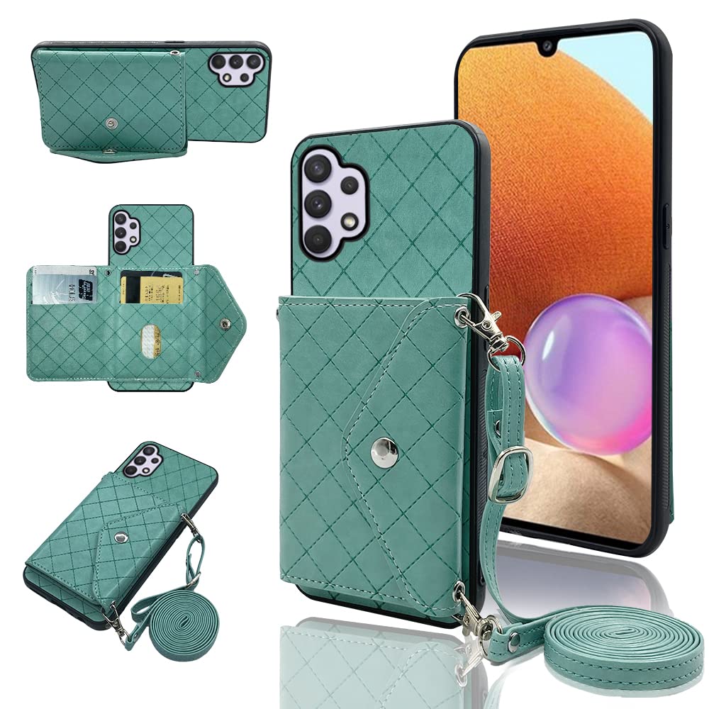 Compatible with Samsung Galaxy A32 4G inch Wallet Cover with Crossbody  Shoulder Strap and Stand Leather Credit Card Holder Cell Accessories Phone