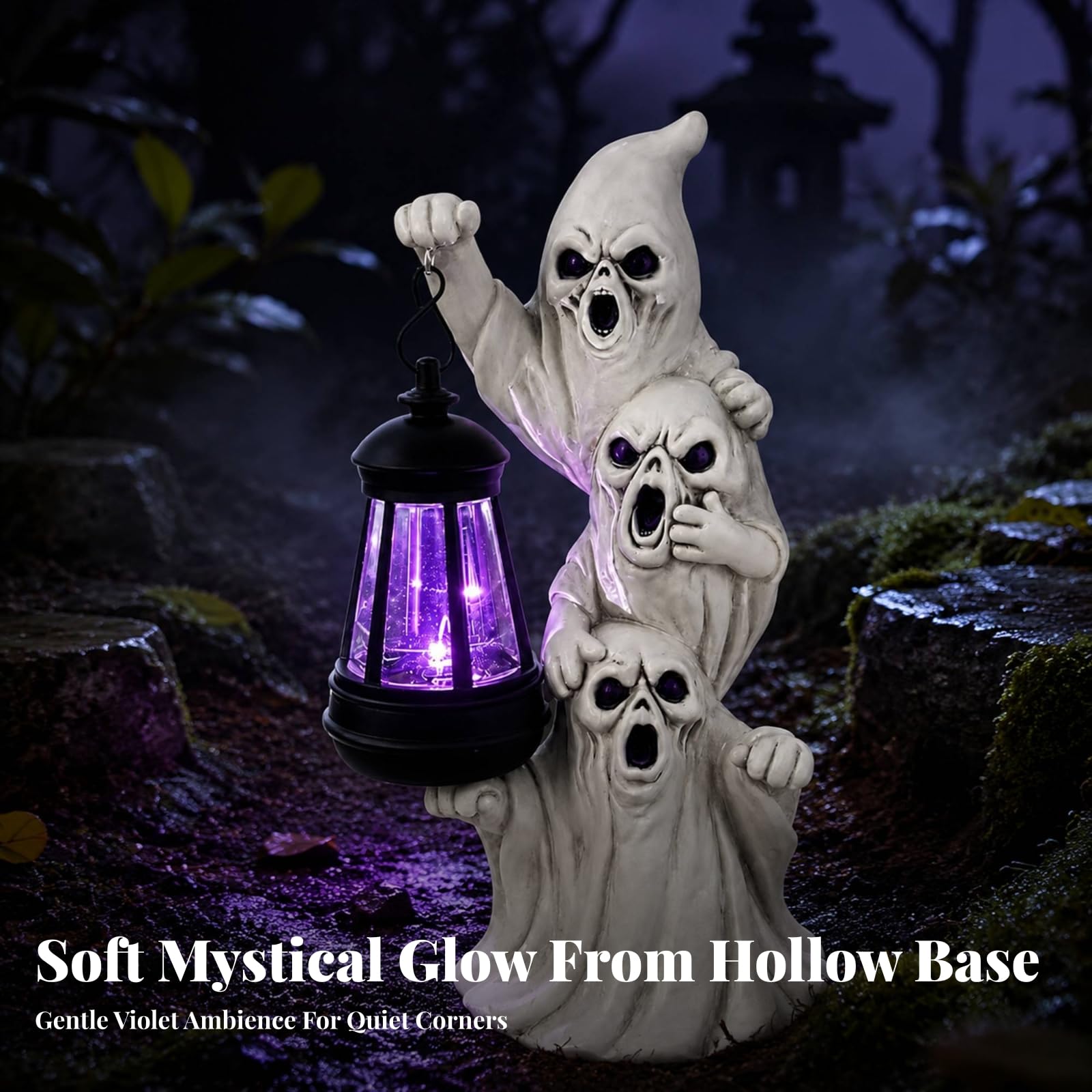 Milageto Statua di Fantasmi di Halloween in Resina Luminoso Statua in Resina con Lanterna Solare Robusto Scultura per Tavolo